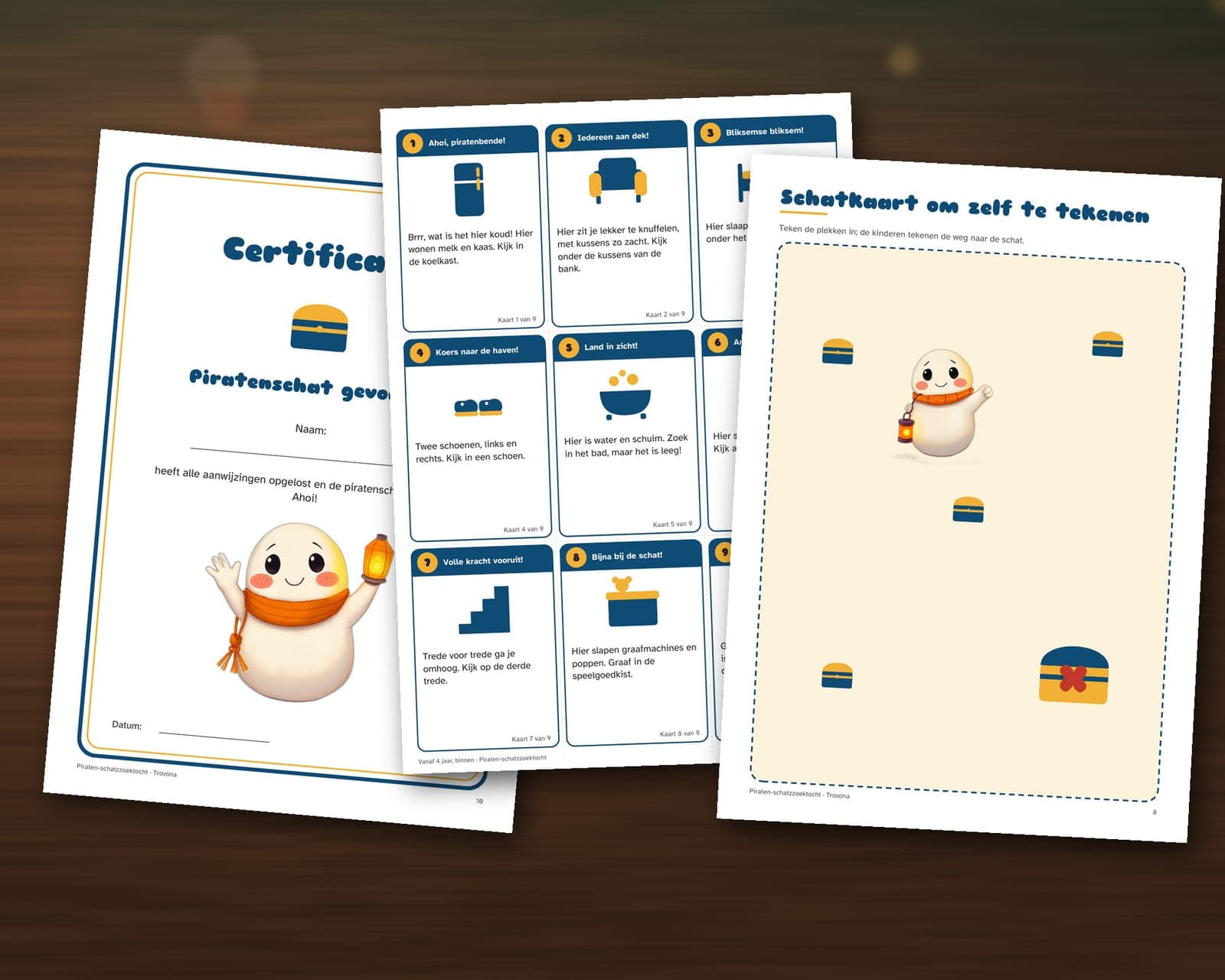 Een pagina uit de pdf: Schattenjacht voor een kinderfeestje, thema piraten: 36 aanwijzingen, schatkaart en oorkonde
