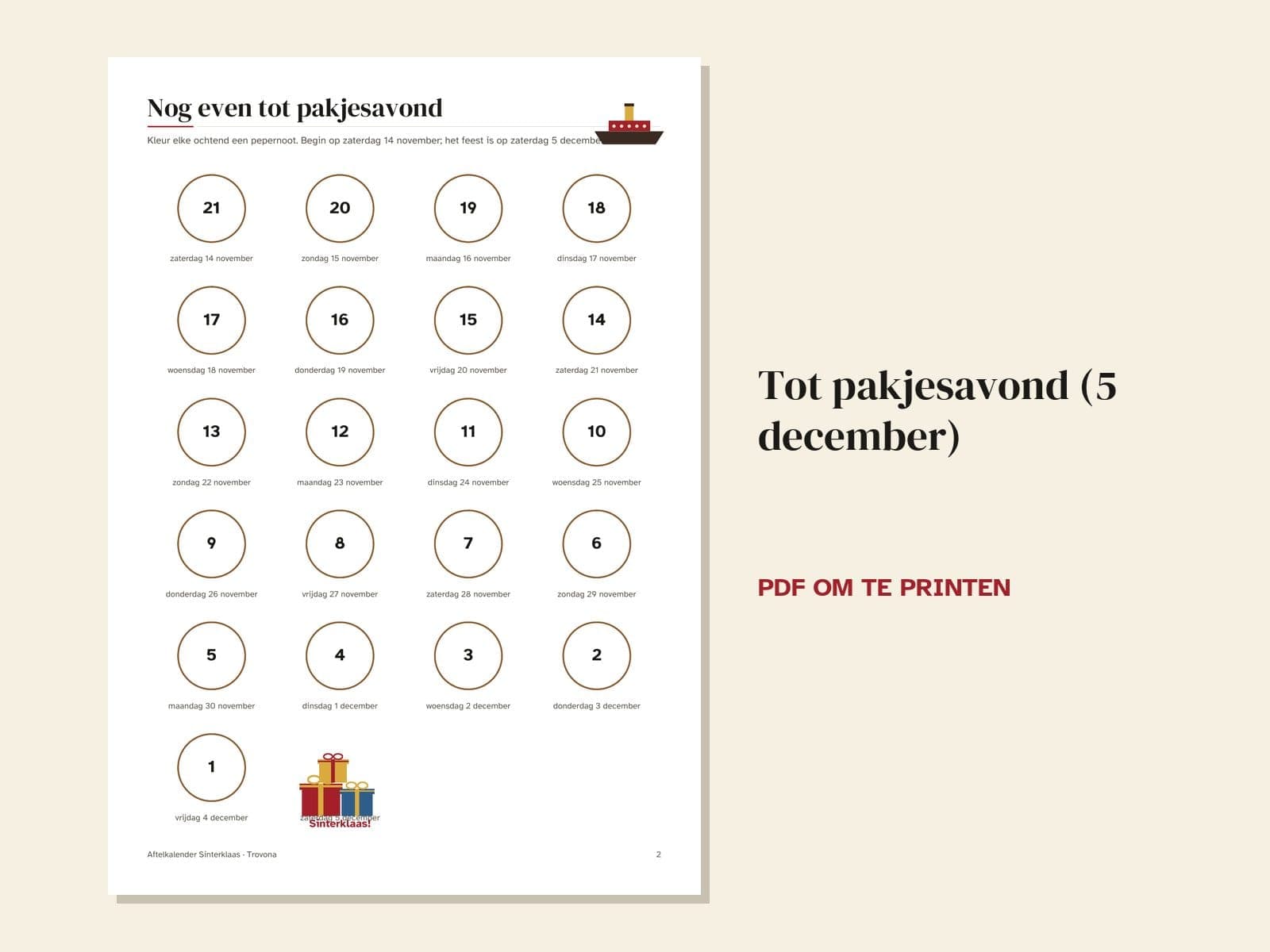 Een pagina uit de pdf: Aftelkalender Sinterklaas: kleur elke dag een pepernoot