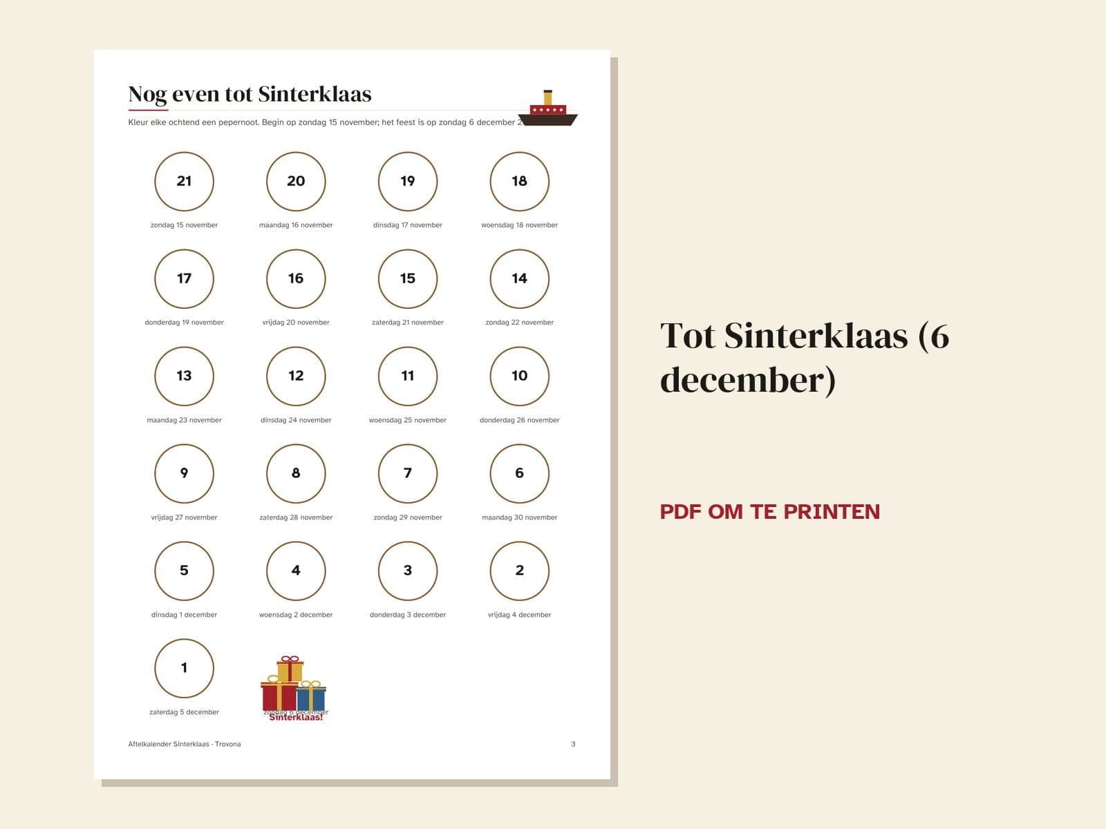 Een pagina uit de pdf: Aftelkalender Sinterklaas: kleur elke dag een pepernoot