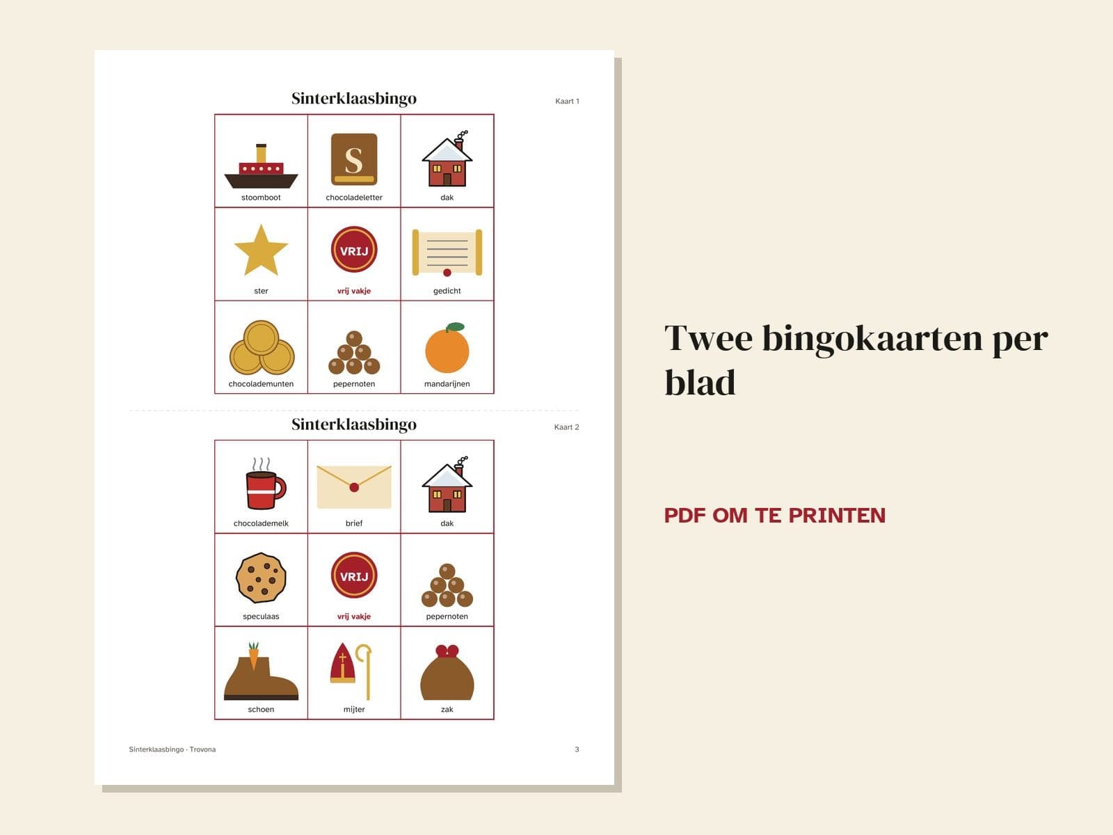 Een pagina uit de pdf: Sinterklaasbingo met plaatjes: 30 verschillende kaarten en belkaartjes