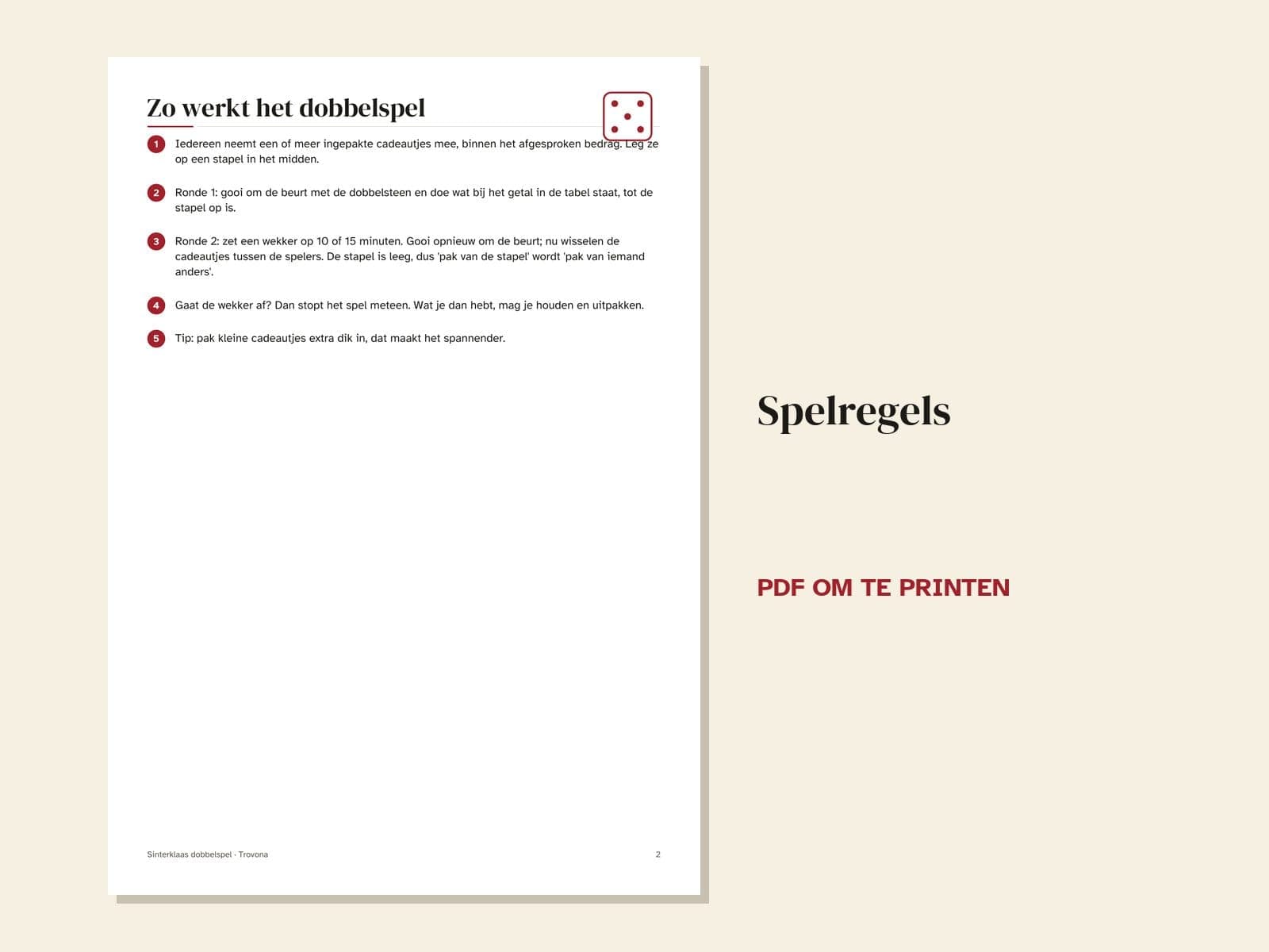 Een pagina uit de pdf: Sinterklaas dobbelspel: spelregels en dobbeltabel voor kinderen en volwassenen