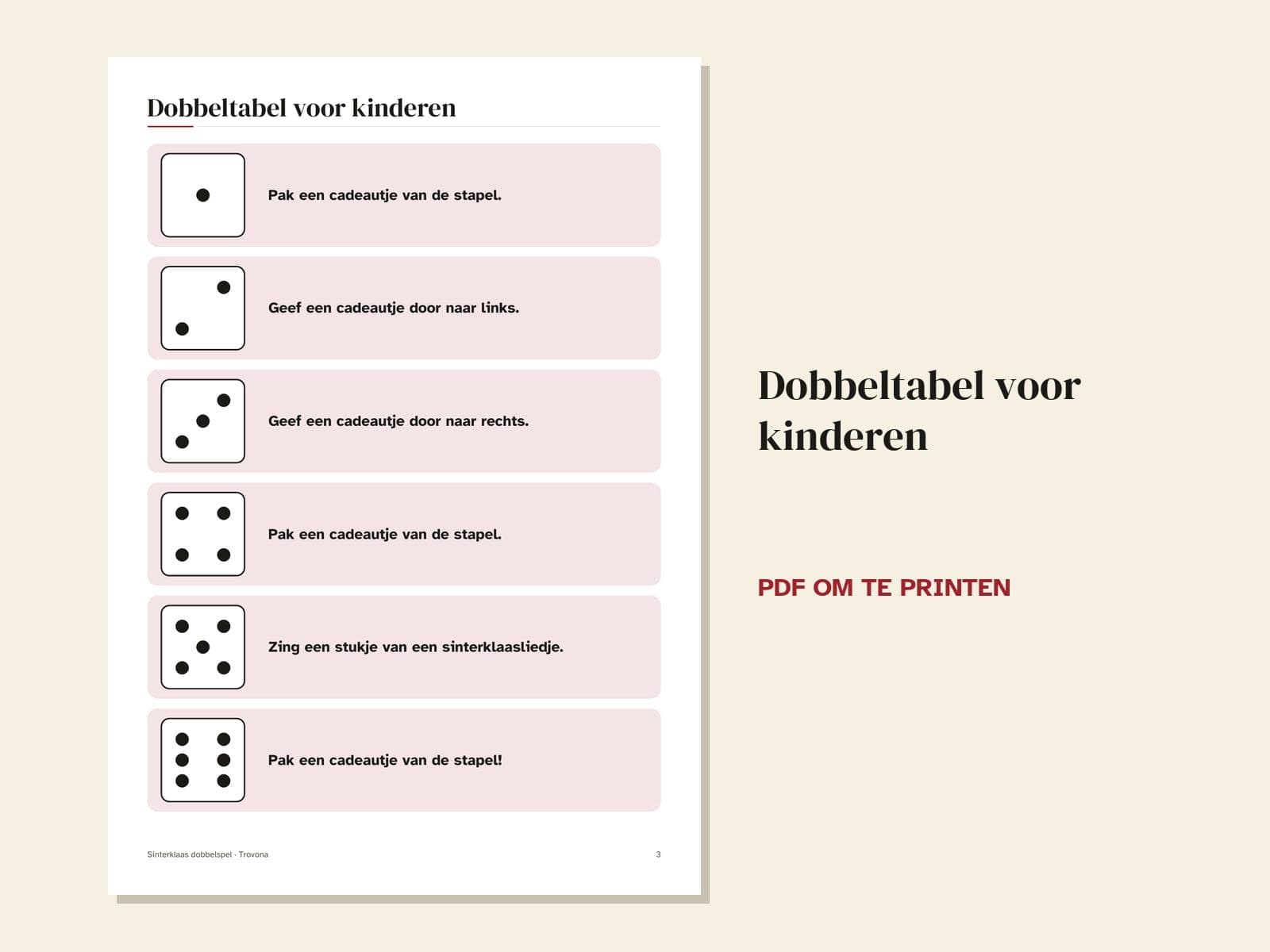 Een pagina uit de pdf: Sinterklaas dobbelspel: spelregels en dobbeltabel voor kinderen en volwassenen