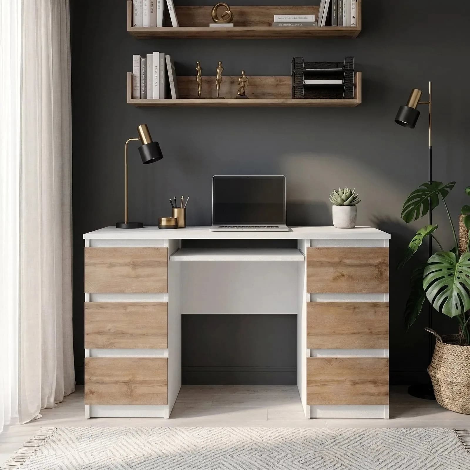 CUBA Schreibtisch mit 6 Schubladen und Tastaturablage, 130 cm, Weiß Matt / Wotan Eiche (2)