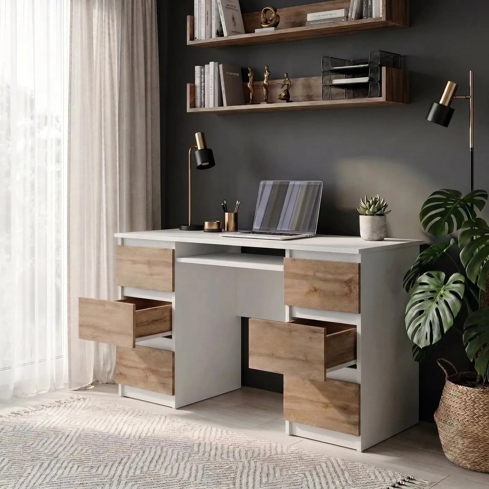CUBA Schreibtisch mit 6 Schubladen und Tastaturablage, 130 cm, Weiß Matt / Wotan Eiche (5)