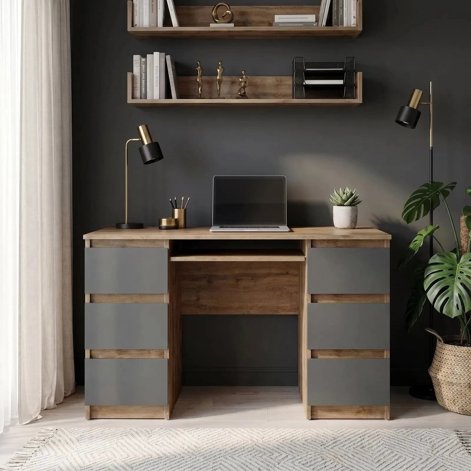 CUBA desk with 6 drawers and keyboard tray, 130 cm, Wotan oak/anthracite grey (2)