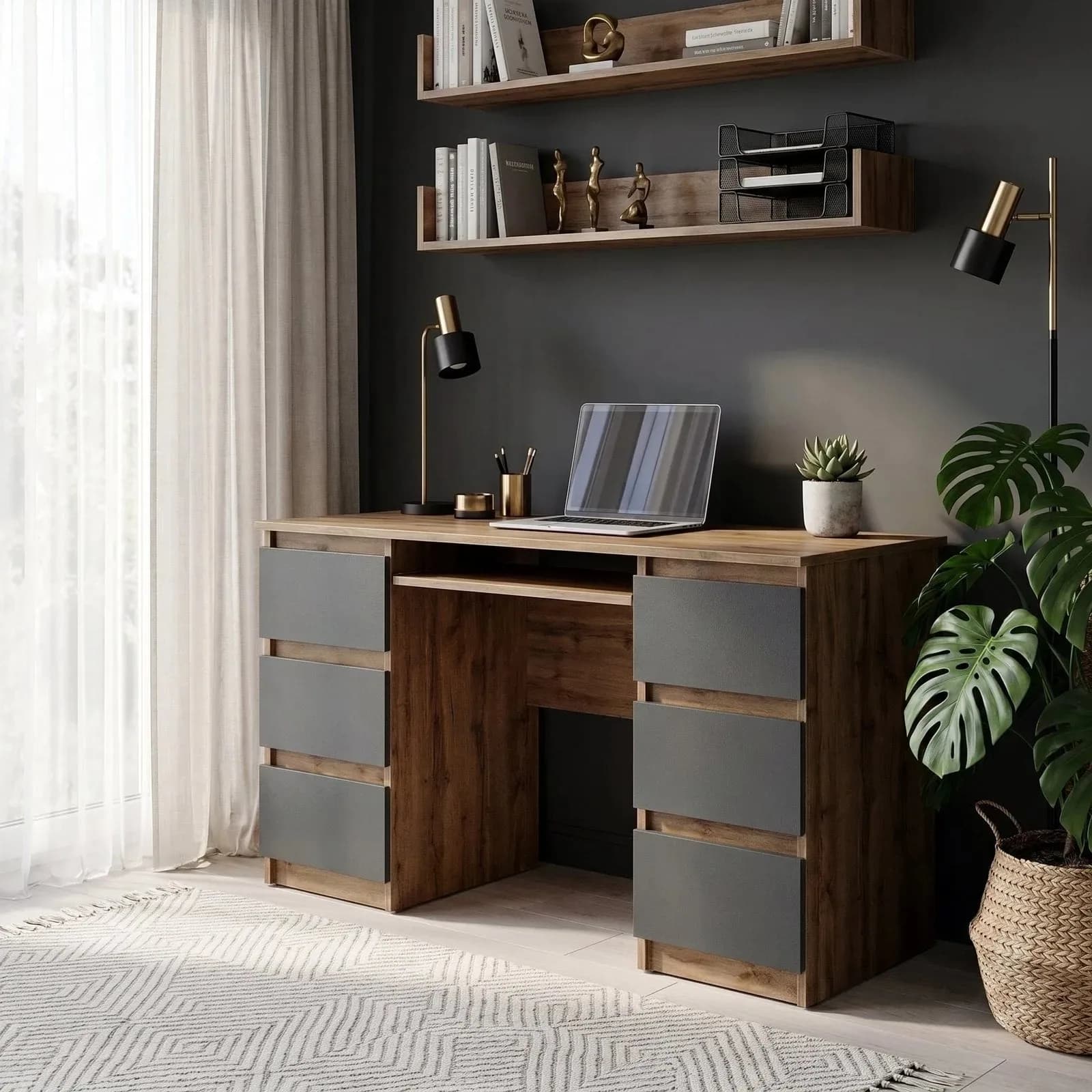 CUBA desk with 6 drawers and keyboard tray, 130 cm, Wotan oak/anthracite grey (4)