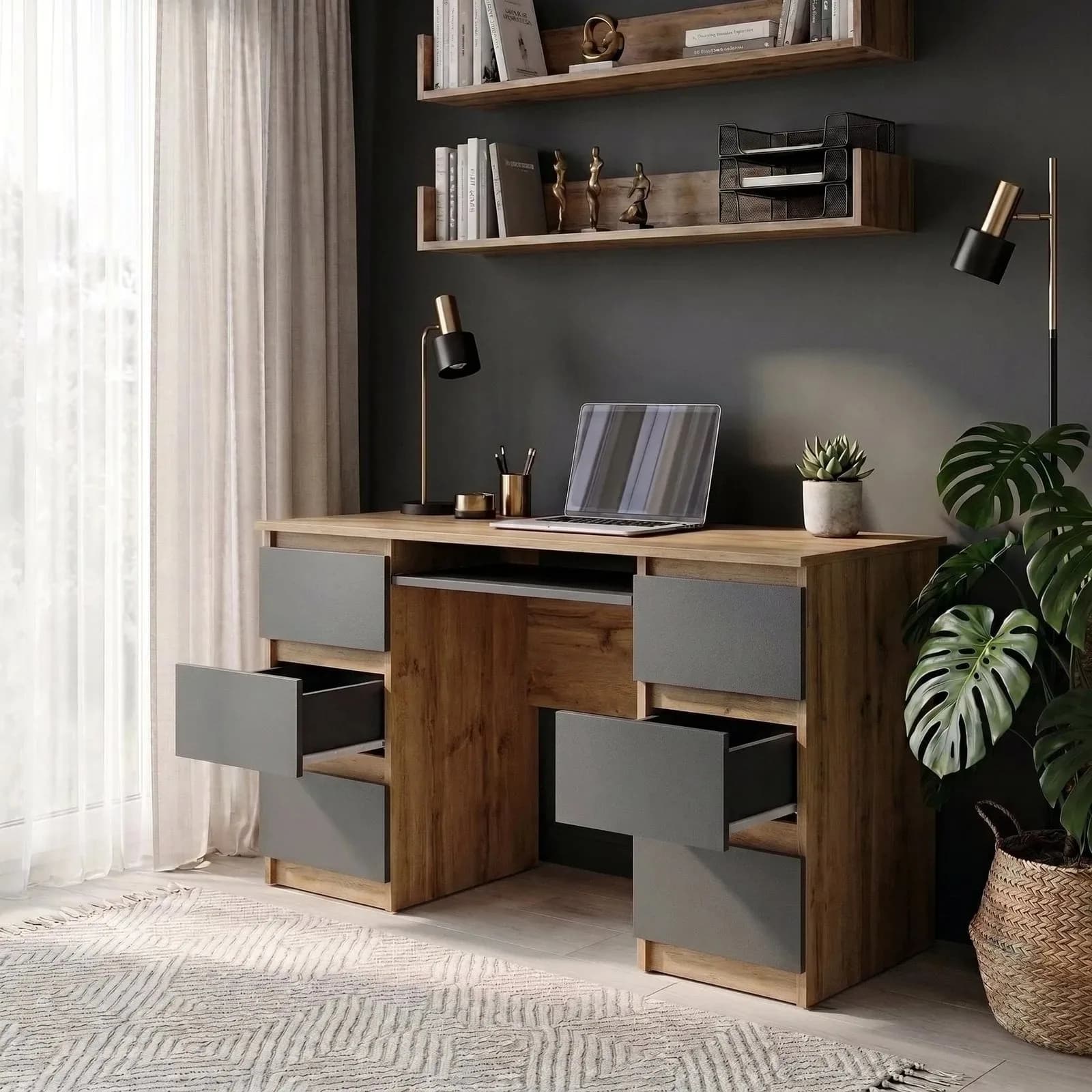 CUBA desk with 6 drawers and keyboard tray, 130 cm, Wotan oak/anthracite grey (5)
