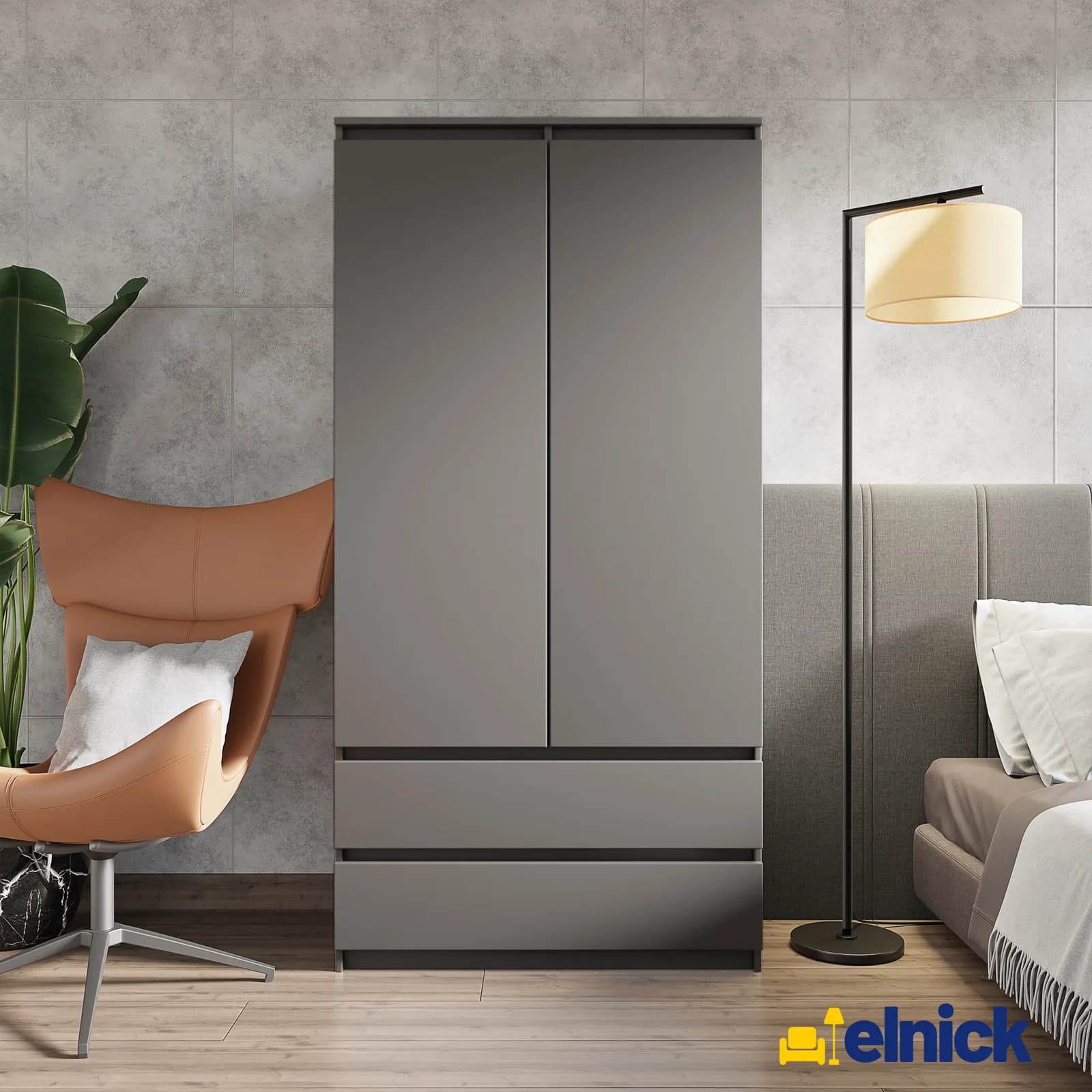 JOELLE Kleiderschrank mit 2 Türen und 2 Schubladen, 90 cm, Anthrazit (2)