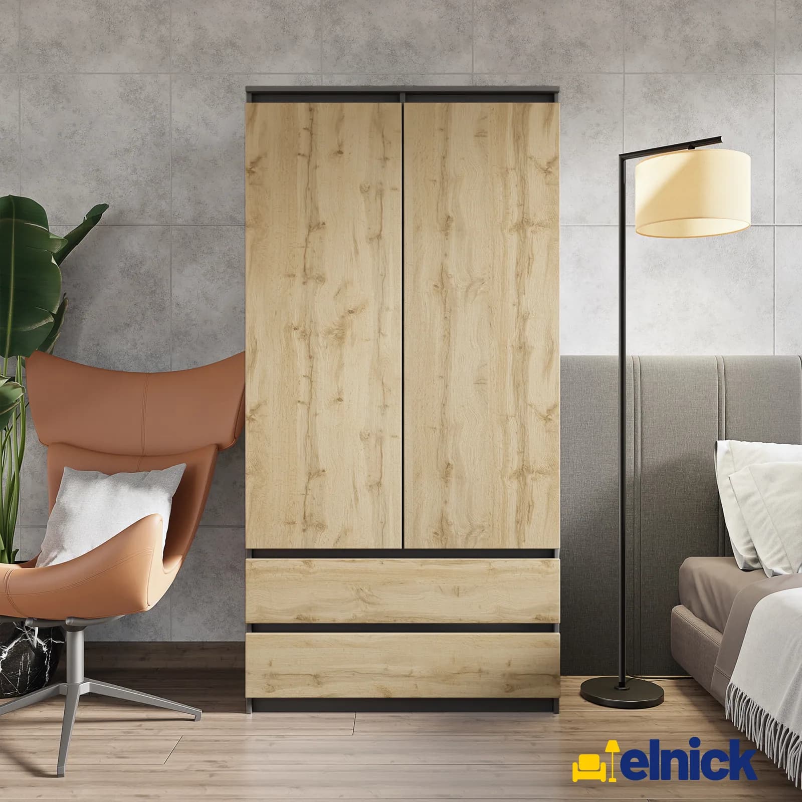 JOELLE wardrobe, 2 doors and 2 drawers, 90 cm, anthracite grey/Wotan oak (2)