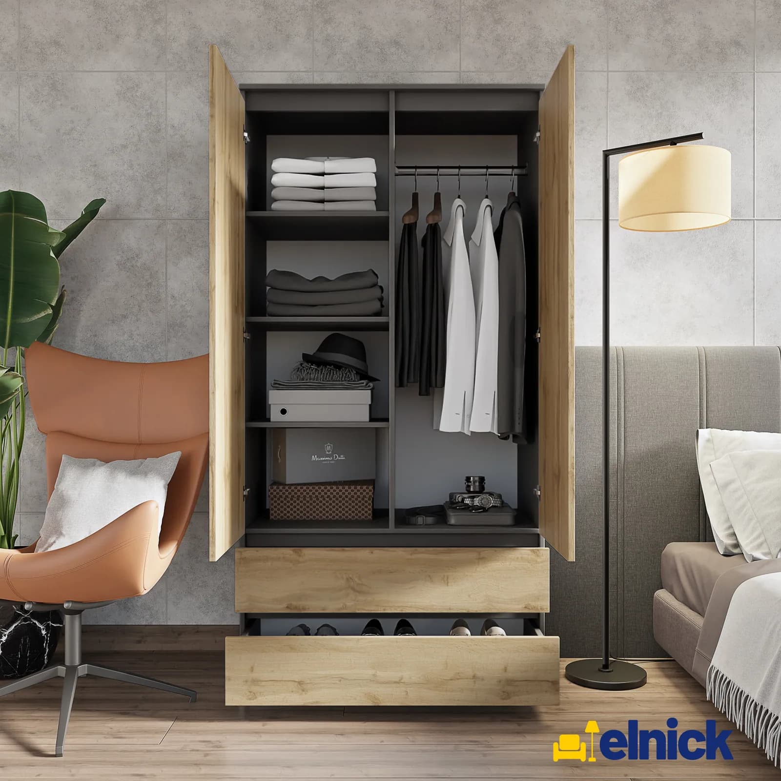 JOELLE wardrobe, 2 doors and 2 drawers, 90 cm, anthracite grey/Wotan oak (3)