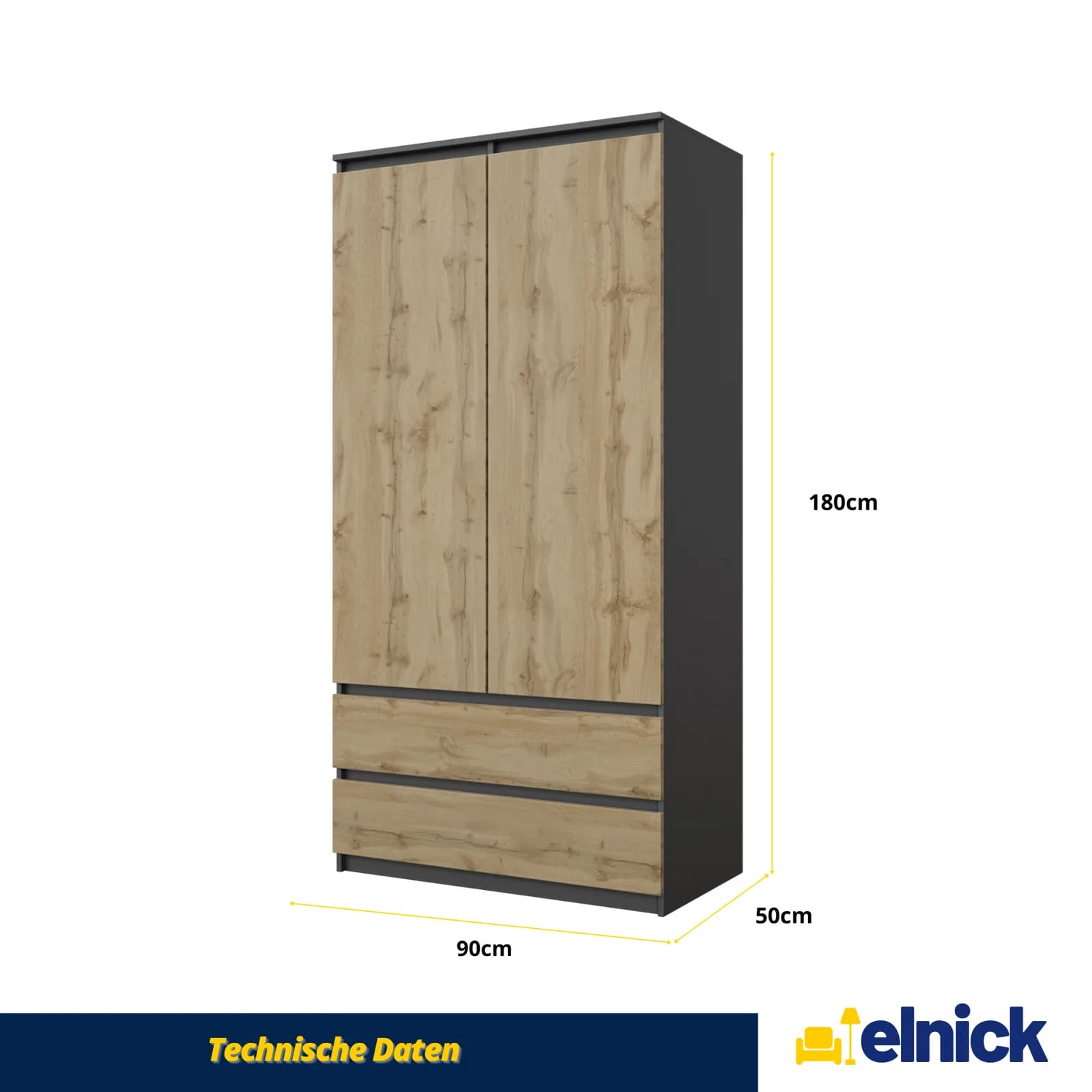 JOELLE wardrobe, 2 doors and 2 drawers, 90 cm, anthracite grey/Wotan oak (4)