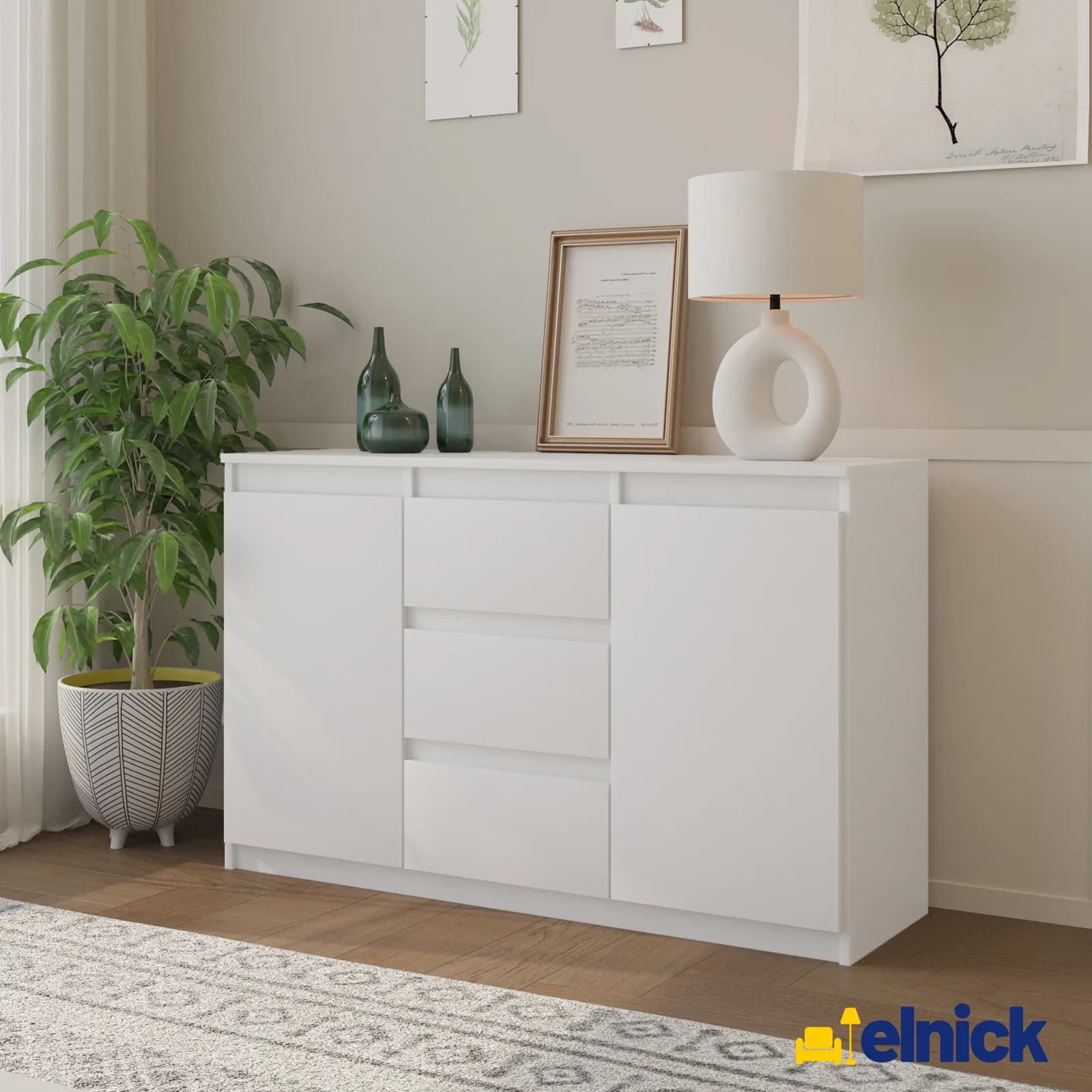 MIKEL Kommode mit 3 Schubladen und 2 Türen, 120 cm, Weiß matt (2)