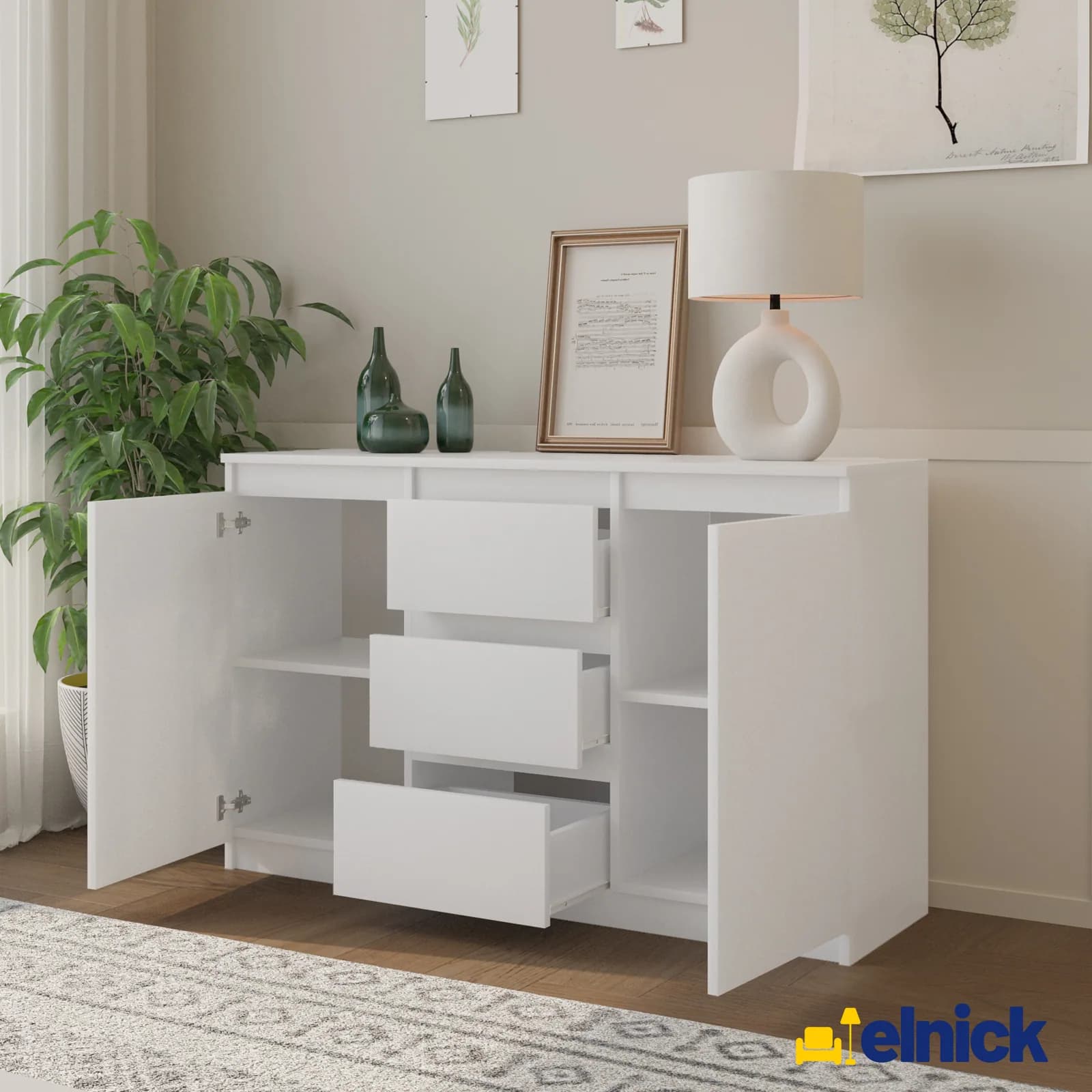 MIKEL Kommode mit 3 Schubladen und 2 Türen, 120 cm, Weiß matt (3)