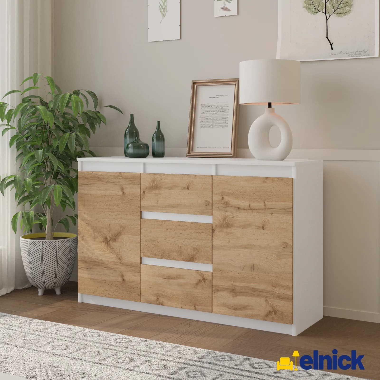 MIKEL sideboard with 3 drawers and 2 doors, 120 cm, white matt / Wotan oak (2)