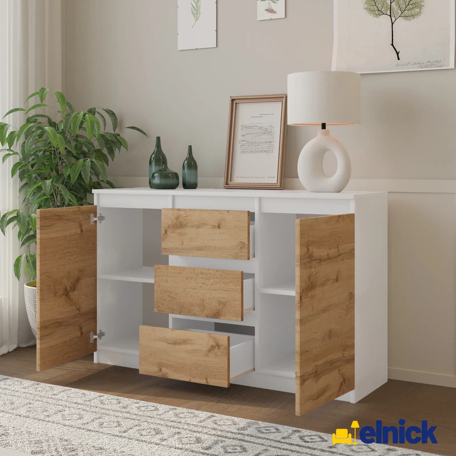 MIKEL sideboard with 3 drawers and 2 doors, 120 cm, white matt / Wotan oak (3)