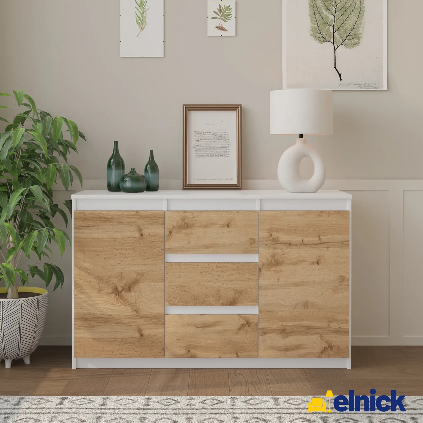 MIKEL sideboard with 3 drawers and 2 doors, 120 cm, white matt / Wotan oak (4)
