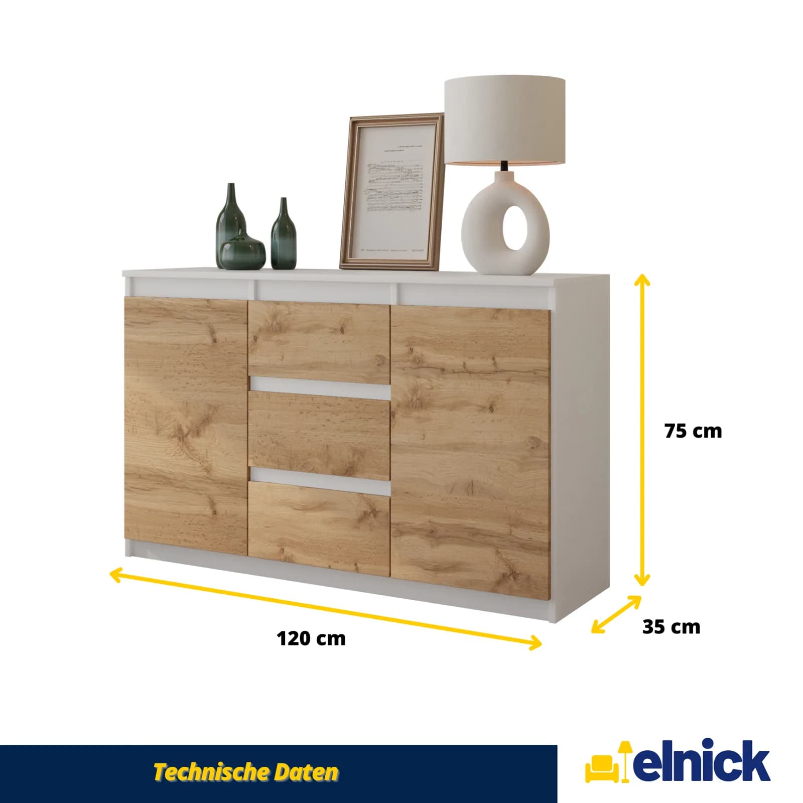MIKEL sideboard with 3 drawers and 2 doors, 120 cm, white matt / Wotan oak (5)