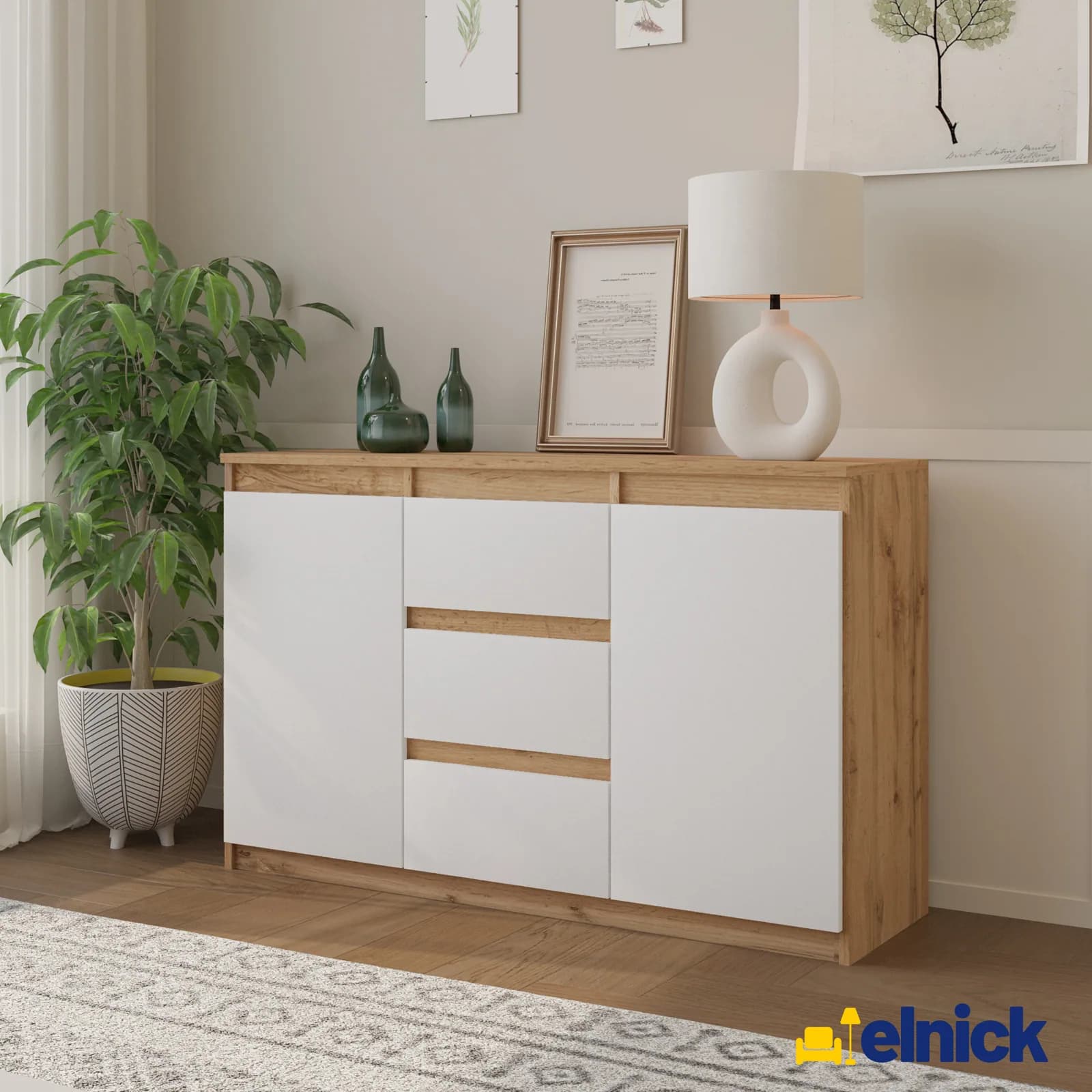MIKEL sideboard, 3 drawers and 2 doors, 120 cm, Wotan oak/white matt (2)