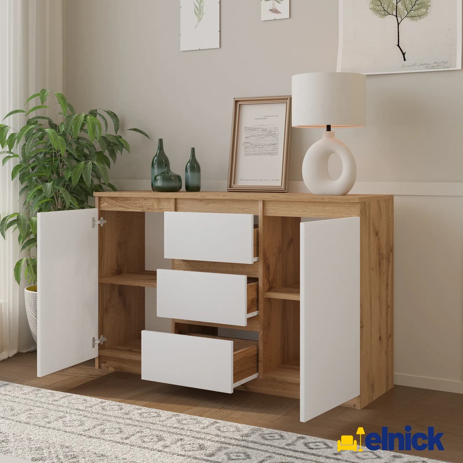 MIKEL sideboard, 3 drawers and 2 doors, 120 cm, Wotan oak/white matt (3)