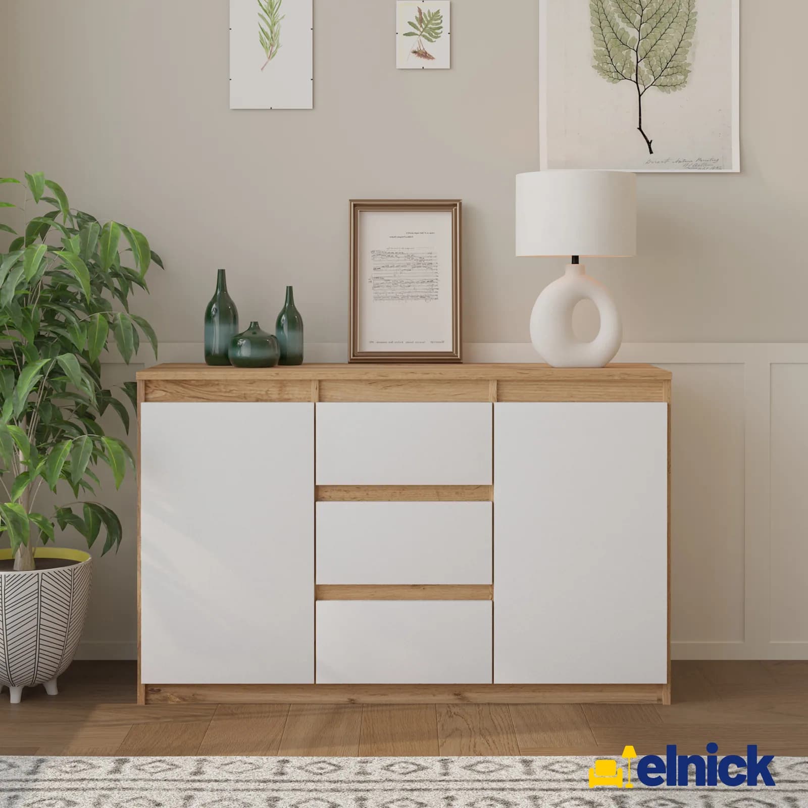 MIKEL sideboard, 3 drawers and 2 doors, 120 cm, Wotan oak/white matt (4)