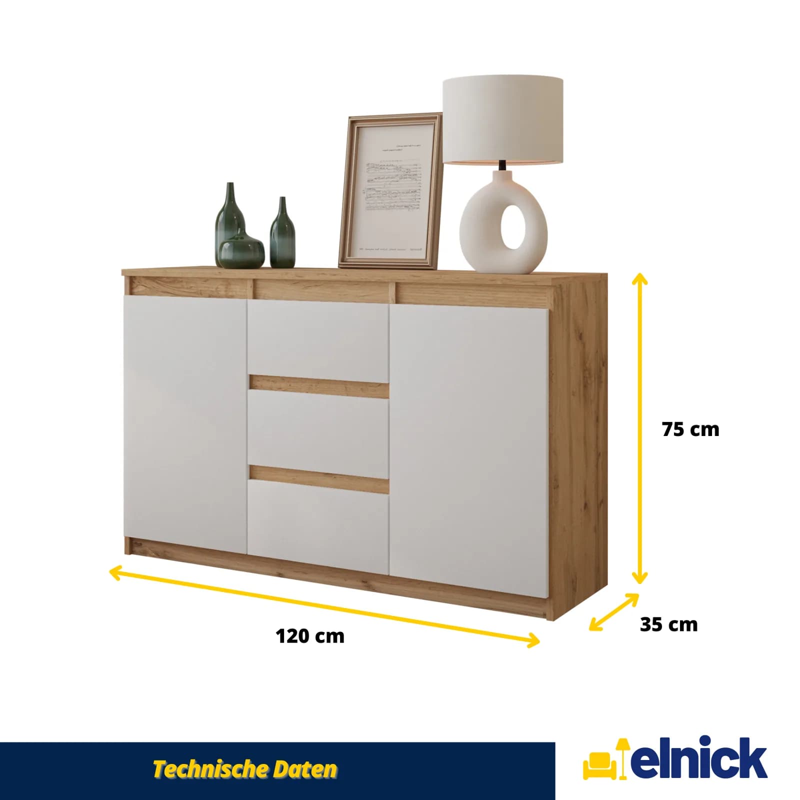 MIKEL sideboard, 3 drawers and 2 doors, 120 cm, Wotan oak/white matt (5)