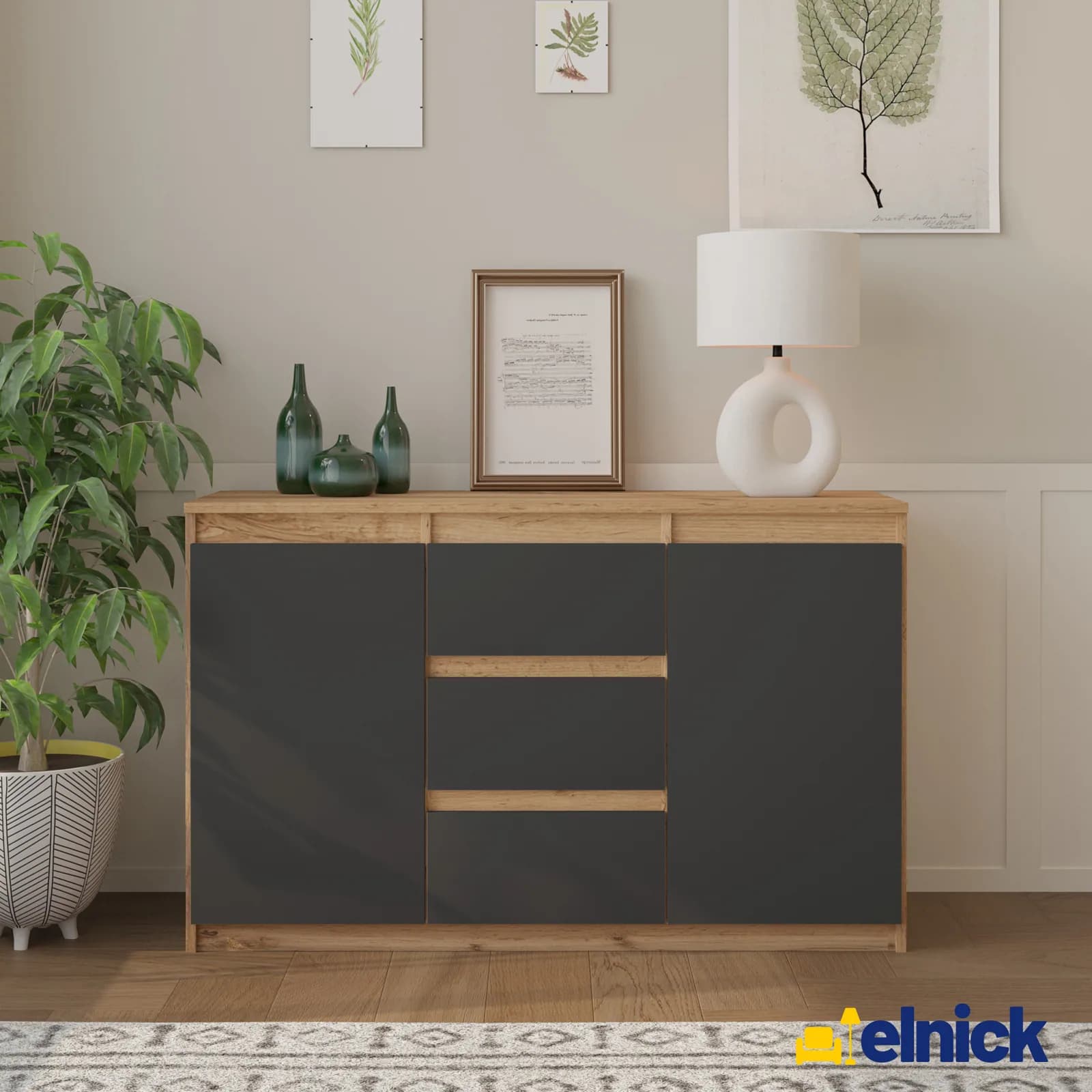 MIKEL Kommode mit 3 Schubladen und 2 Türen, 120 cm, Wotan Eiche/Anthrazit (4)