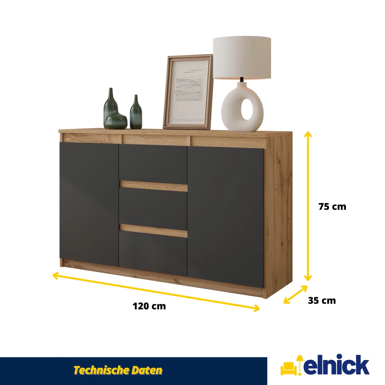 MIKEL Kommode mit 3 Schubladen und 2 Türen, 120 cm, Wotan Eiche/Anthrazit (5)