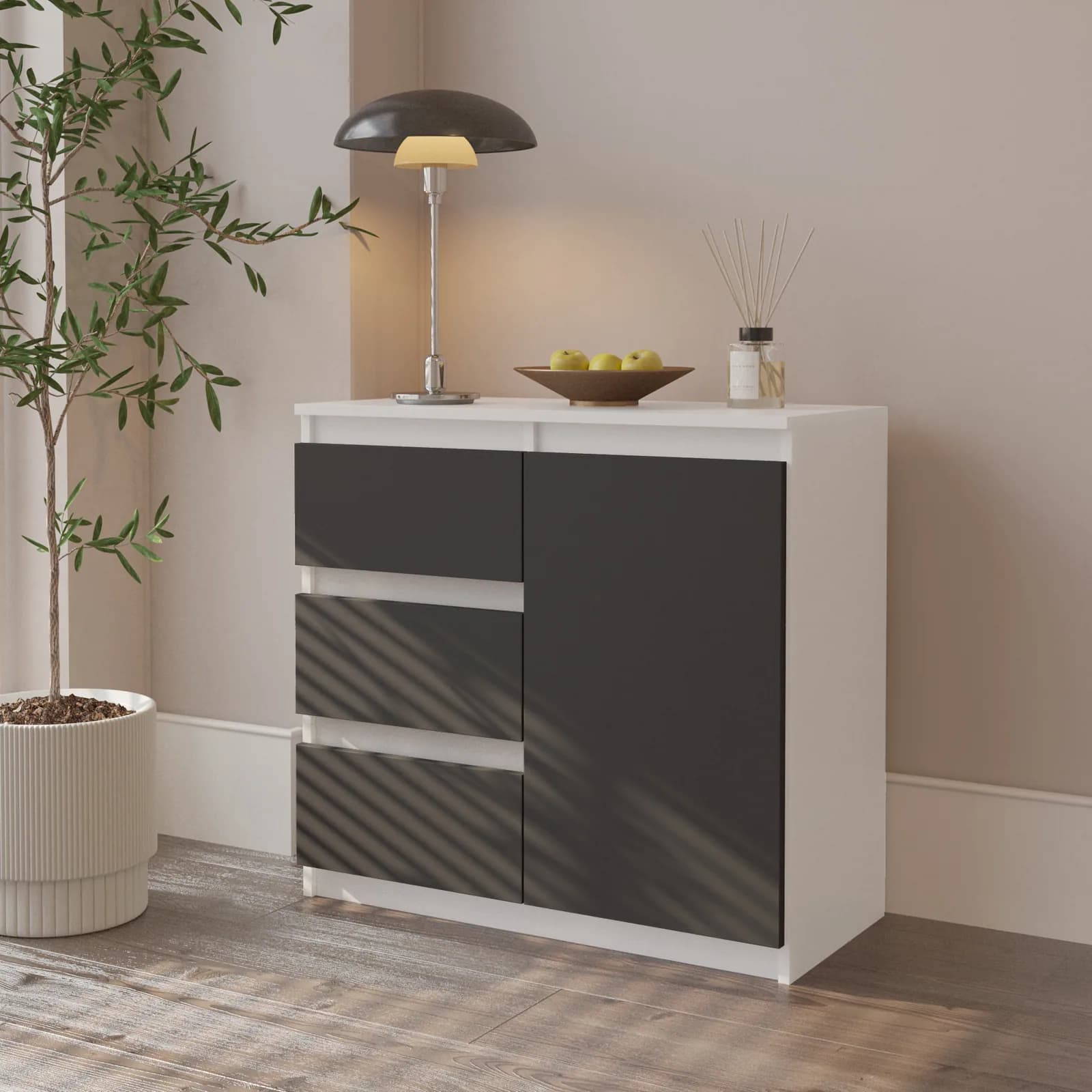 MIKEL commode met 3 lades en 1 deur, 80 cm, mat wit/antracietgrijs (2)