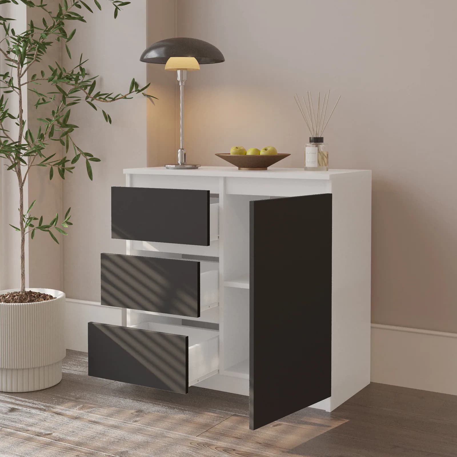 MIKEL commode met 3 lades en 1 deur, 80 cm, mat wit/antracietgrijs (3)