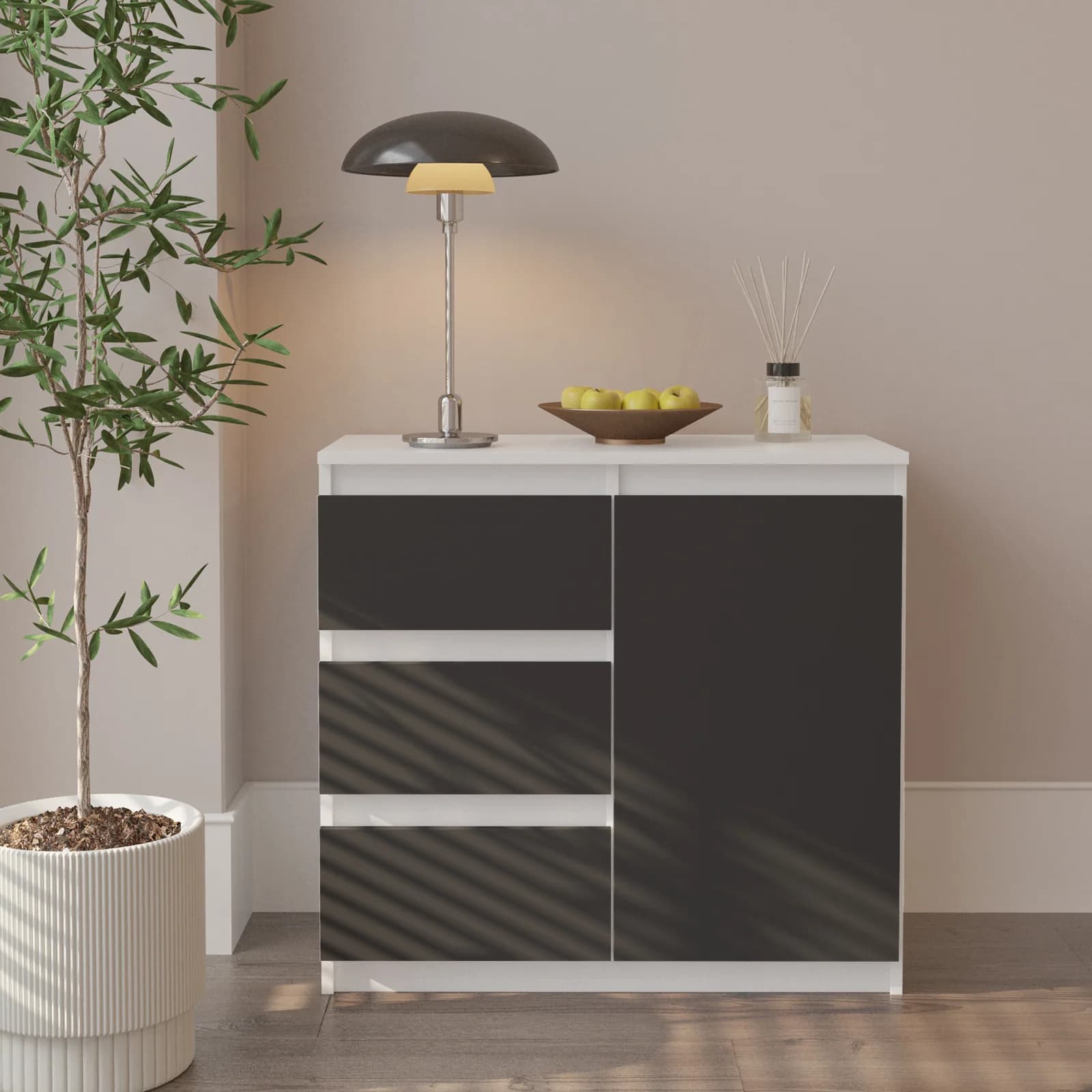 MIKEL commode met 3 lades en 1 deur, 80 cm, mat wit/antracietgrijs (4)