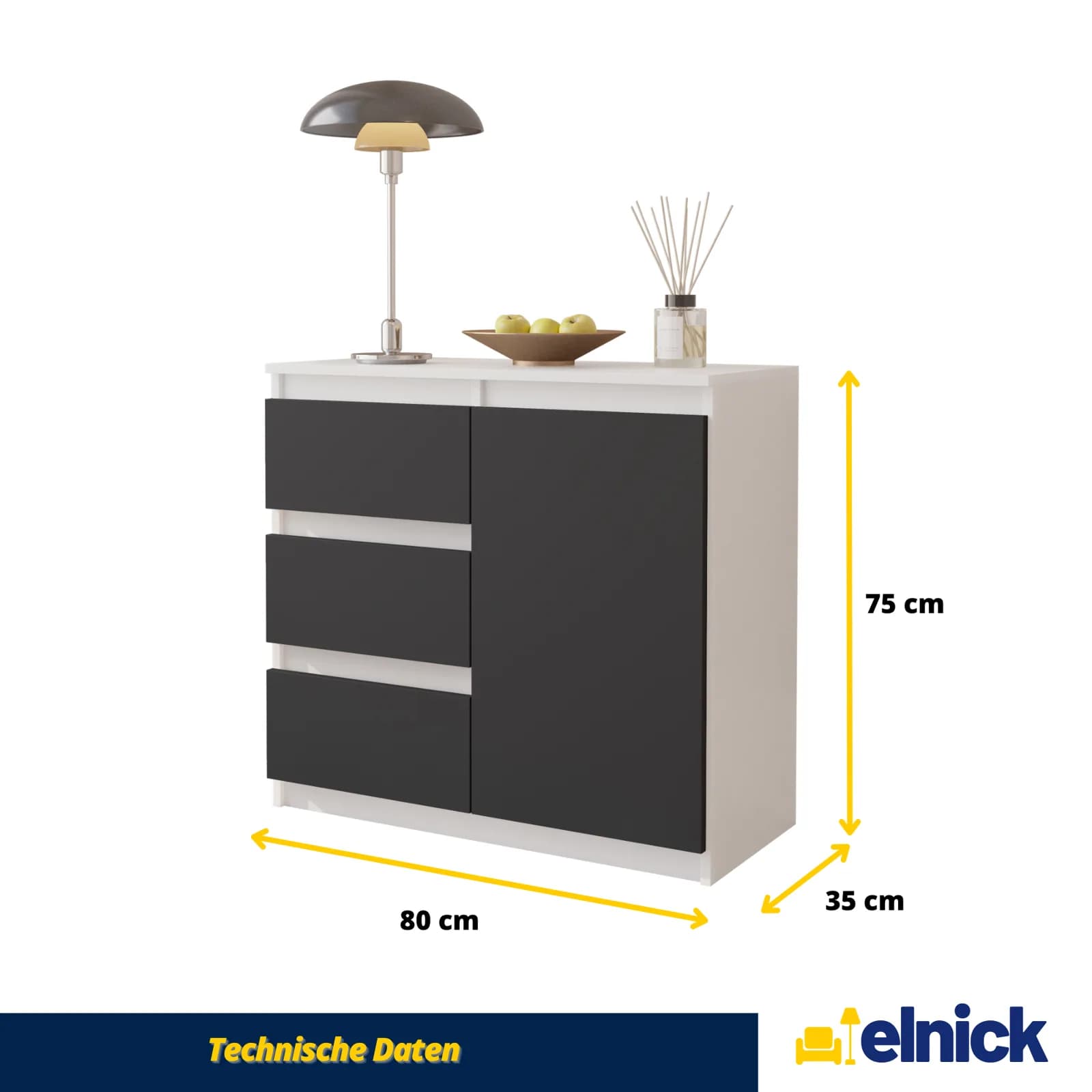 MIKEL commode met 3 lades en 1 deur, 80 cm, mat wit/antracietgrijs (5)