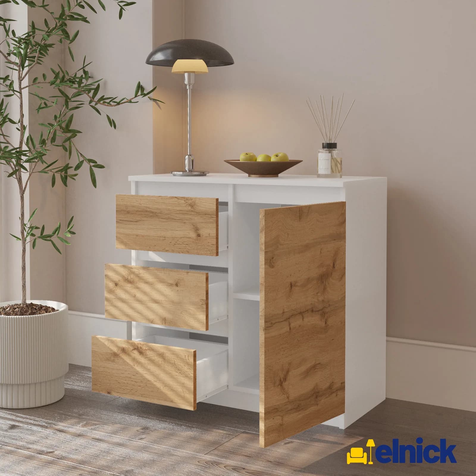 MIKEL Kommode mit 3 Schubladen und 1 Tür, 80 cm, Weiß matt/Wotan Eiche (3)