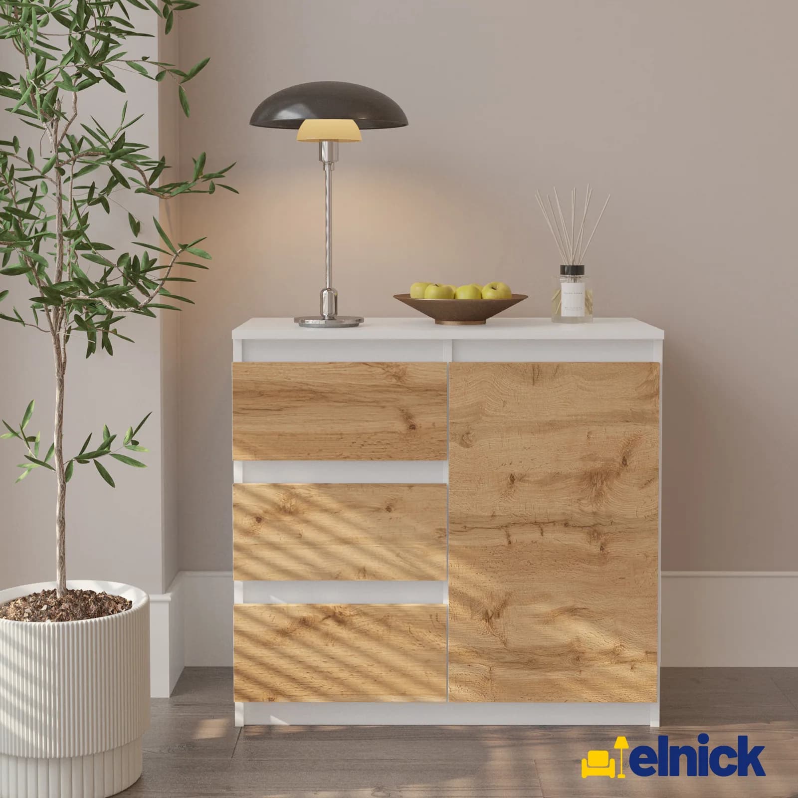 MIKEL Kommode mit 3 Schubladen und 1 Tür, 80 cm, Weiß matt/Wotan Eiche (4)