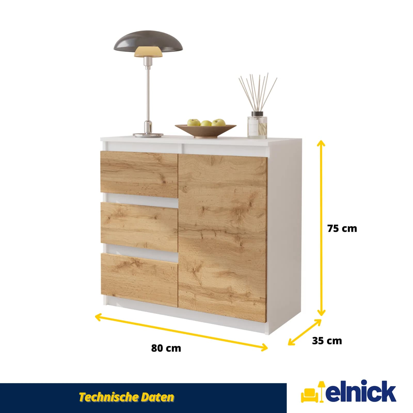 MIKEL Kommode mit 3 Schubladen und 1 Tür, 80 cm, Weiß matt/Wotan Eiche (5)