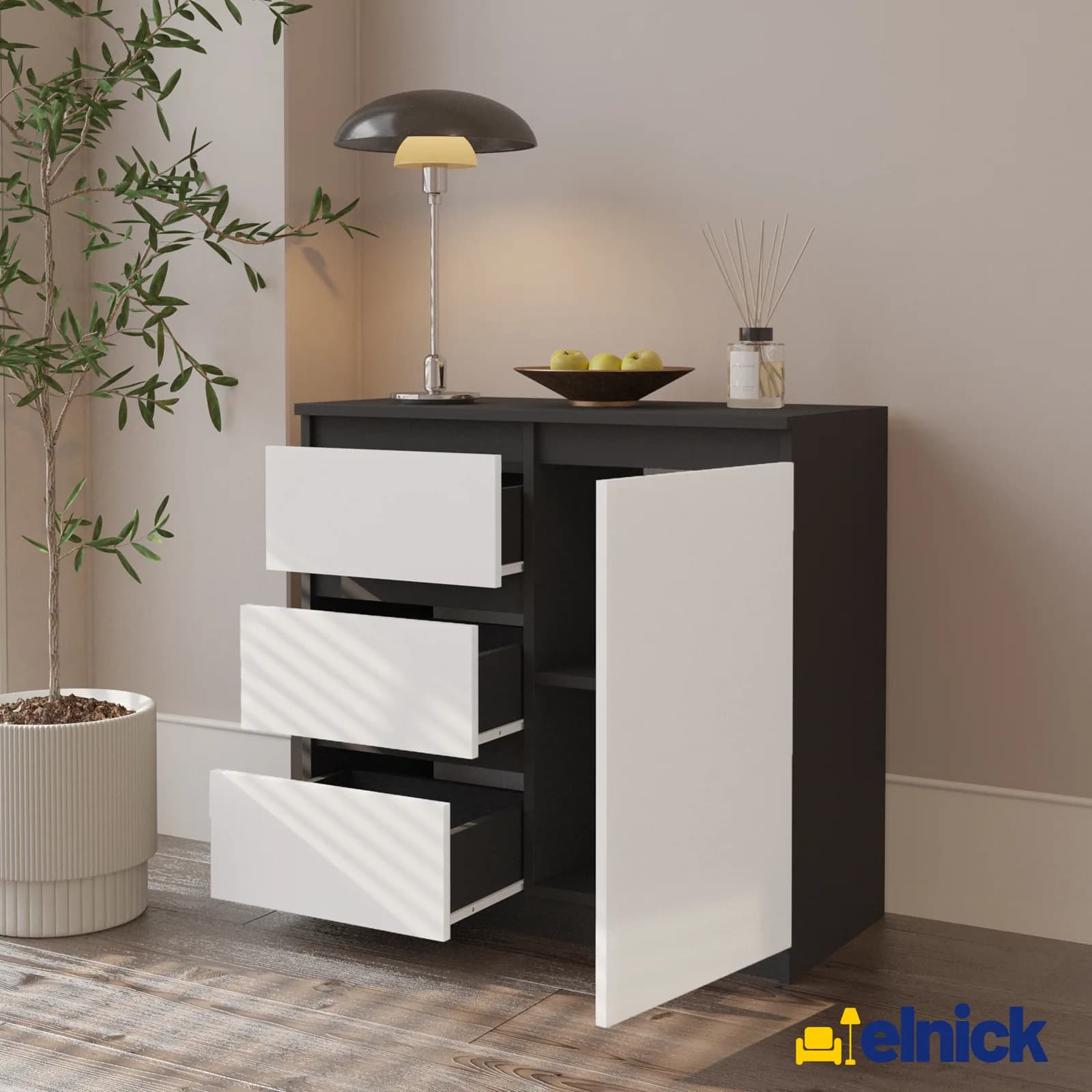 MIKEL Kommode mit 3 Schubladen und 1 Tür, 80 cm, Anthrazitgrau und Weiß (3)