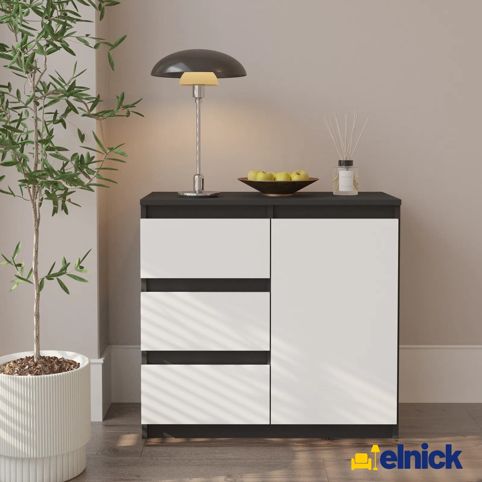 MIKEL Kommode mit 3 Schubladen und 1 Tür, 80 cm, Anthrazitgrau und Weiß (4)