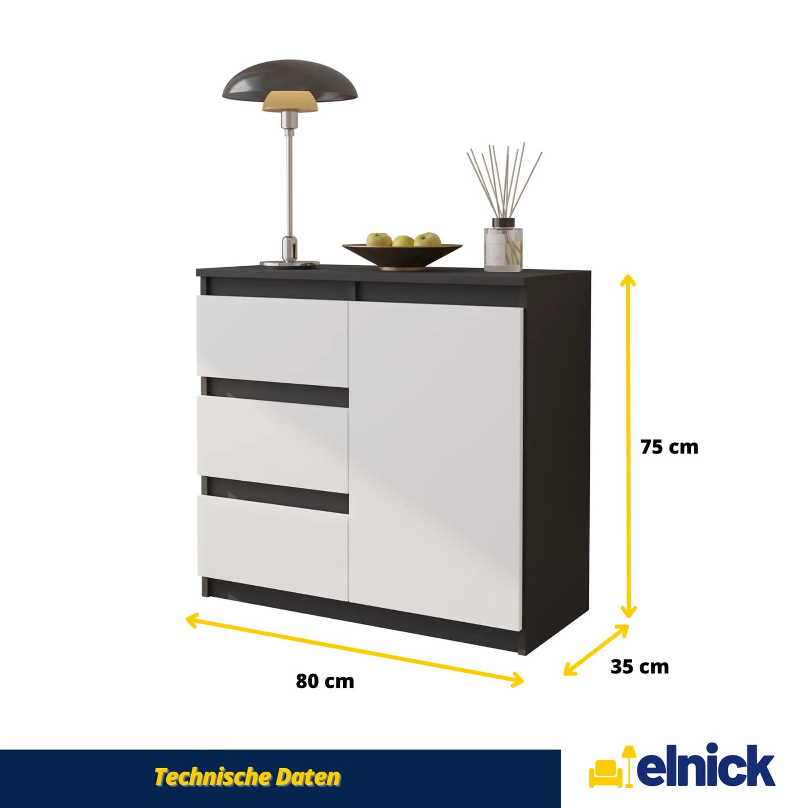 MIKEL Kommode mit 3 Schubladen und 1 Tür, 80 cm, Anthrazitgrau und Weiß (5)