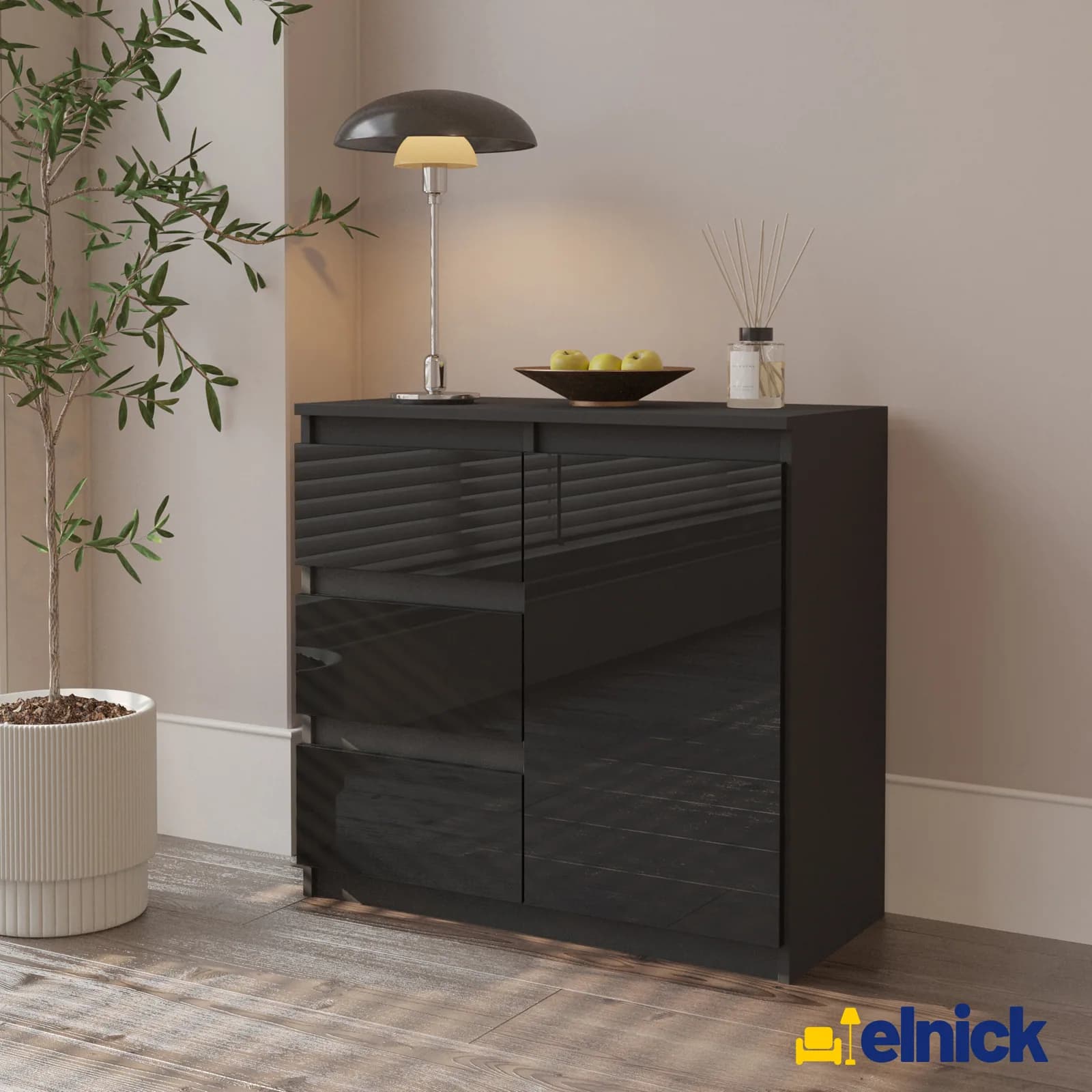 MIKEL sideboard, 3 drawers and 1 door, 80 cm, anthracite grey/black gloss (2)