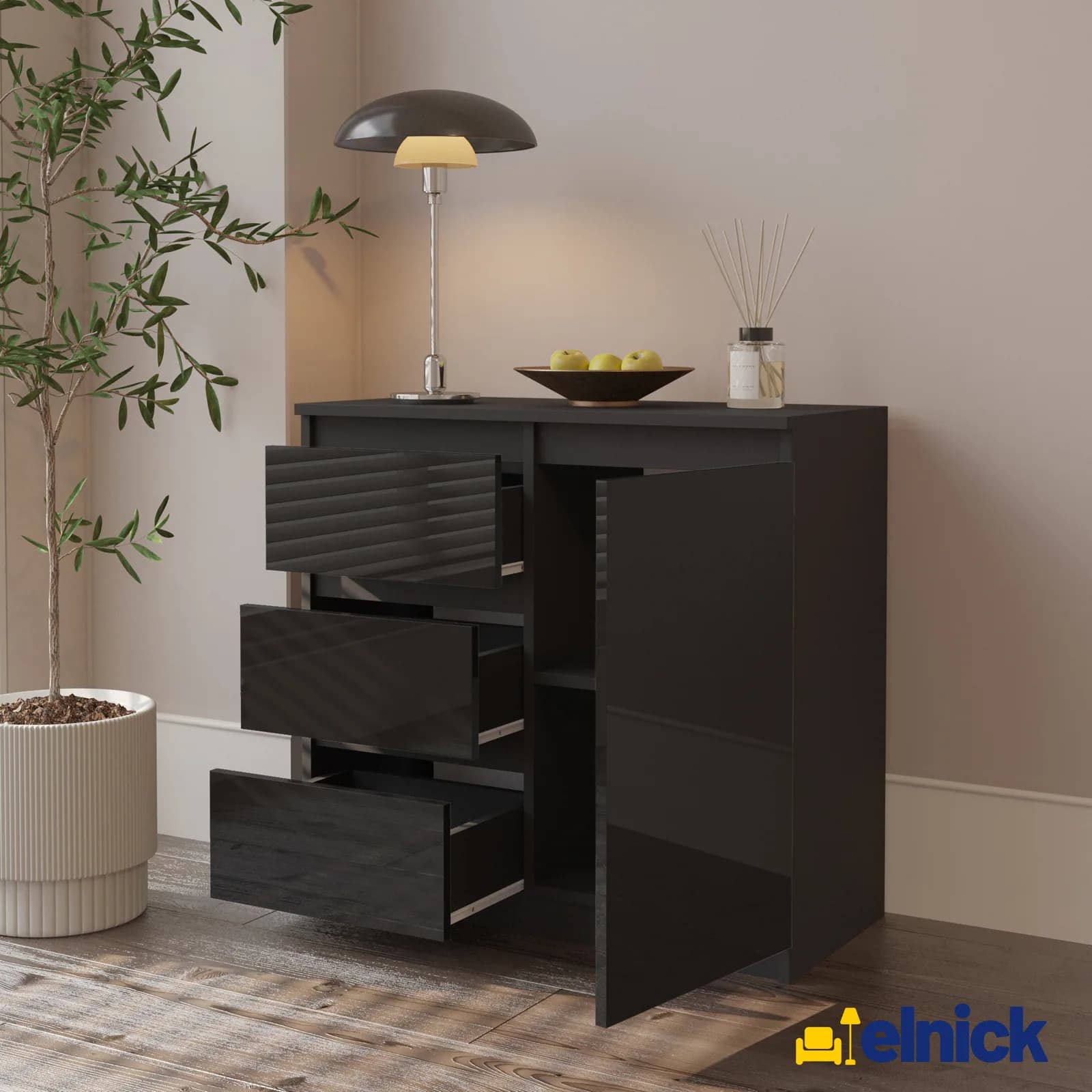 MIKEL sideboard, 3 drawers and 1 door, 80 cm, anthracite grey/black gloss (3)