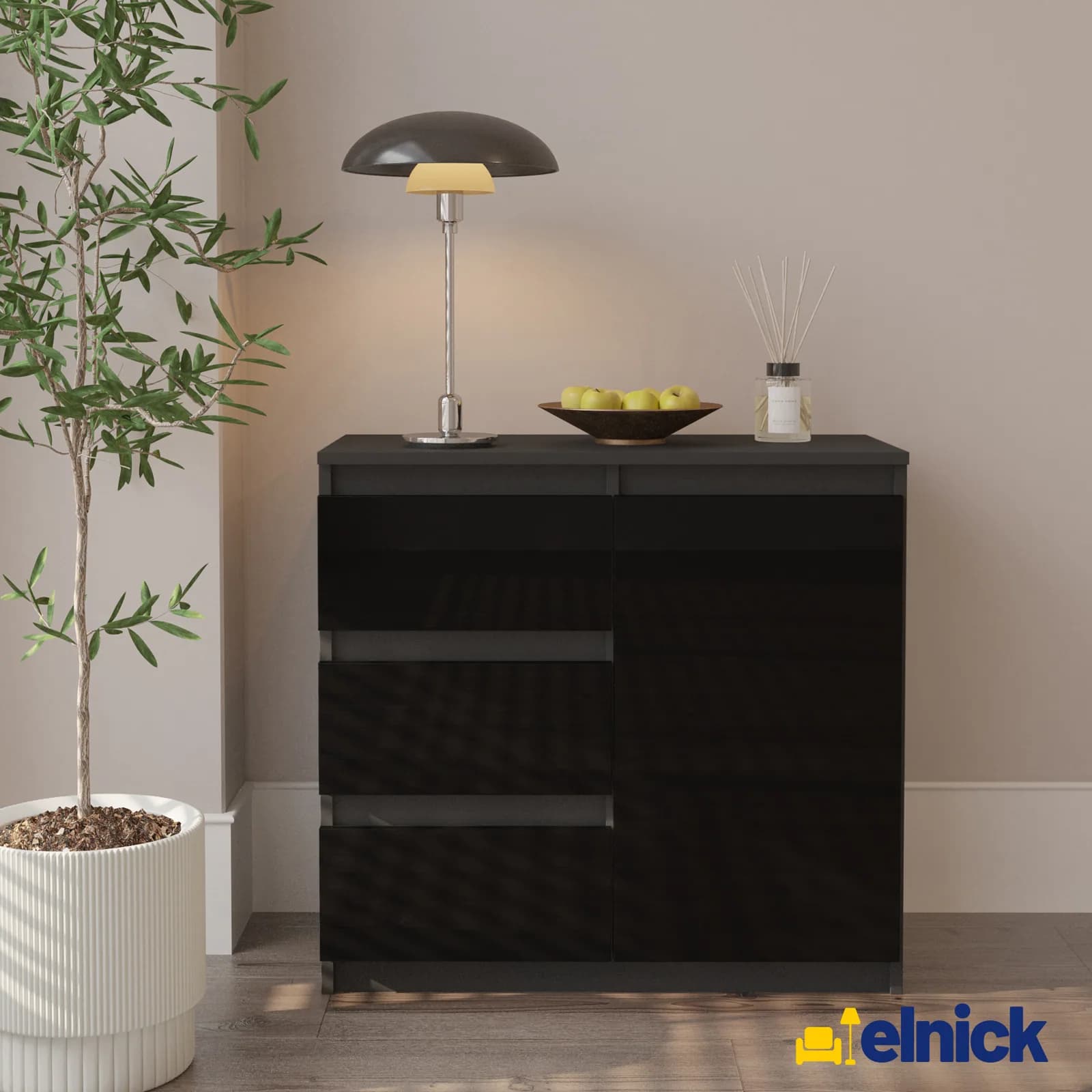 MIKEL sideboard, 3 drawers and 1 door, 80 cm, anthracite grey/black gloss (4)