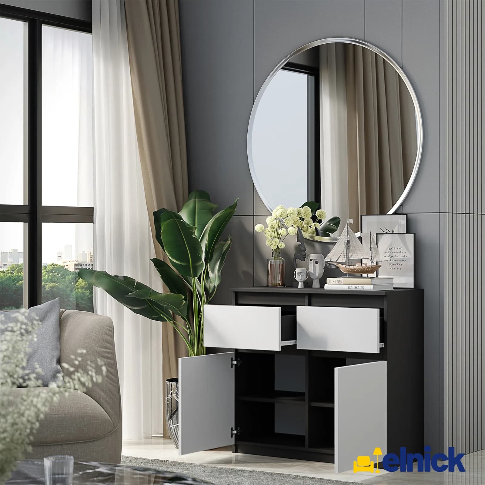NOAH sideboard, 2 drawers and 2 doors, 80 cm, anthracite grey/white matt (3)