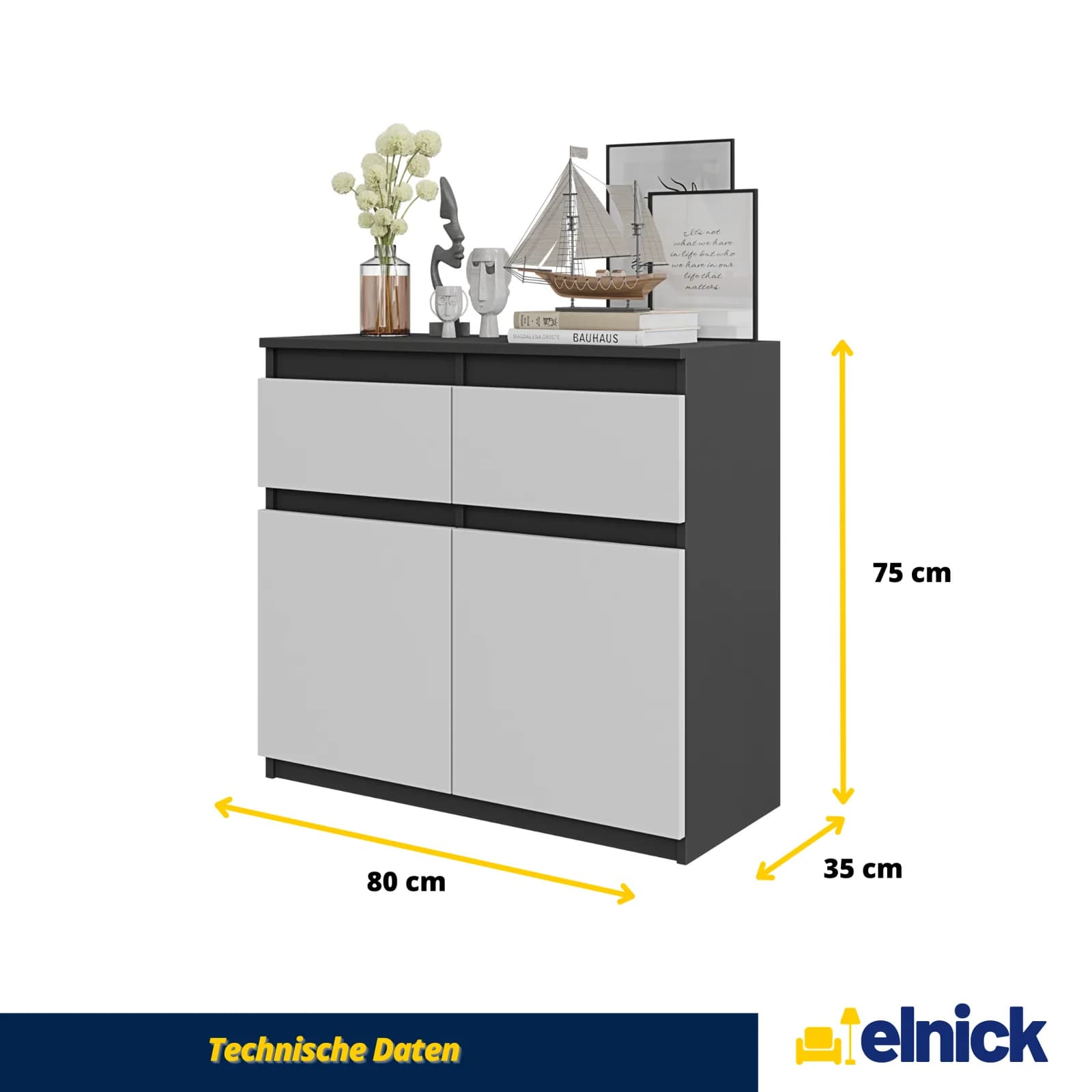 NOAH sideboard, 2 drawers and 2 doors, 80 cm, anthracite grey/white matt (4)