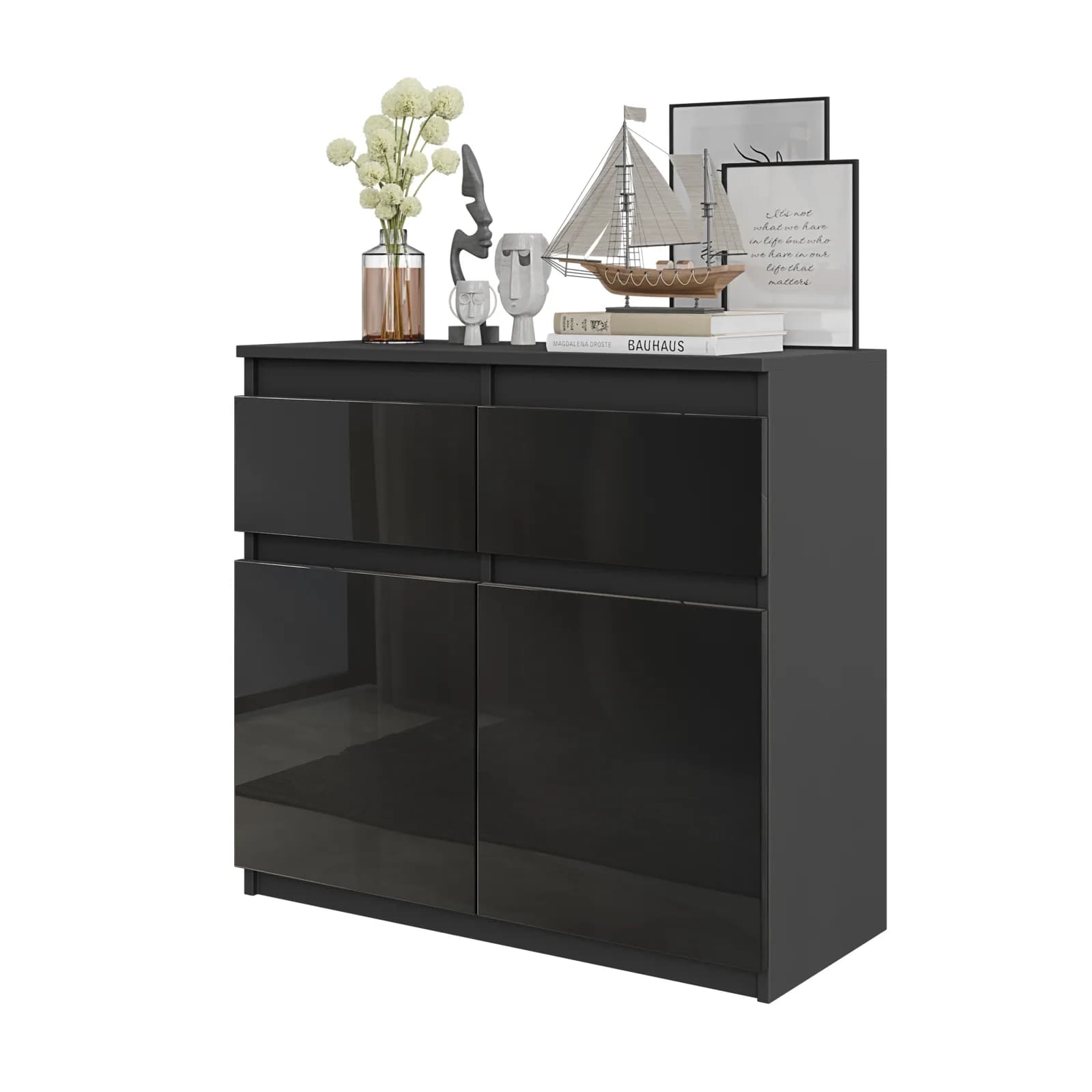 NOAH sideboard with 2 drawers and 2 doors, 80 cm, anthracite/black gloss