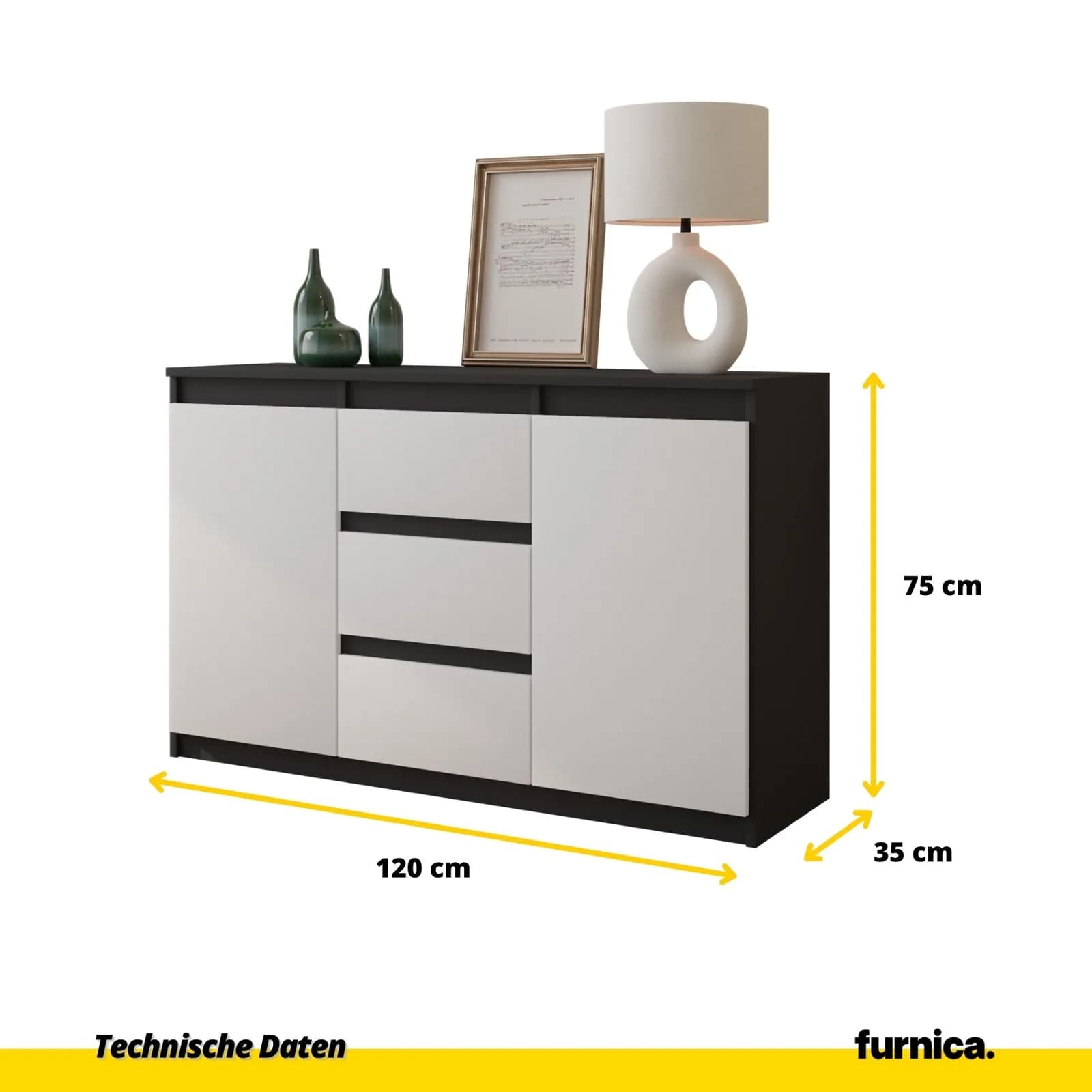 MIKEL Kommode, 3 Schubladen und 2 Türen, 120 cm, Anthrazitgrau/Weiß (2)