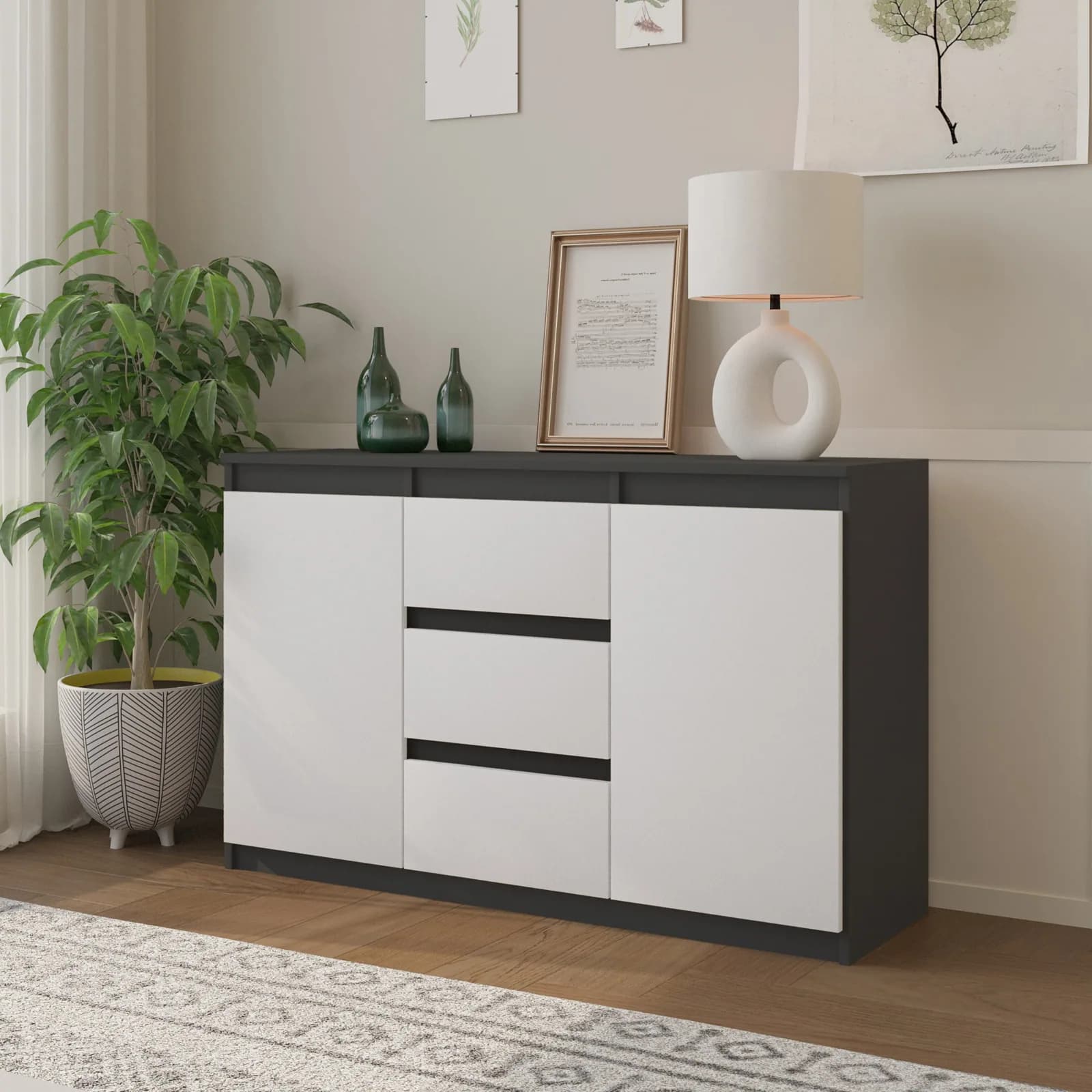 MIKEL Kommode, 3 Schubladen und 2 Türen, 120 cm, Anthrazitgrau/Weiß (4)