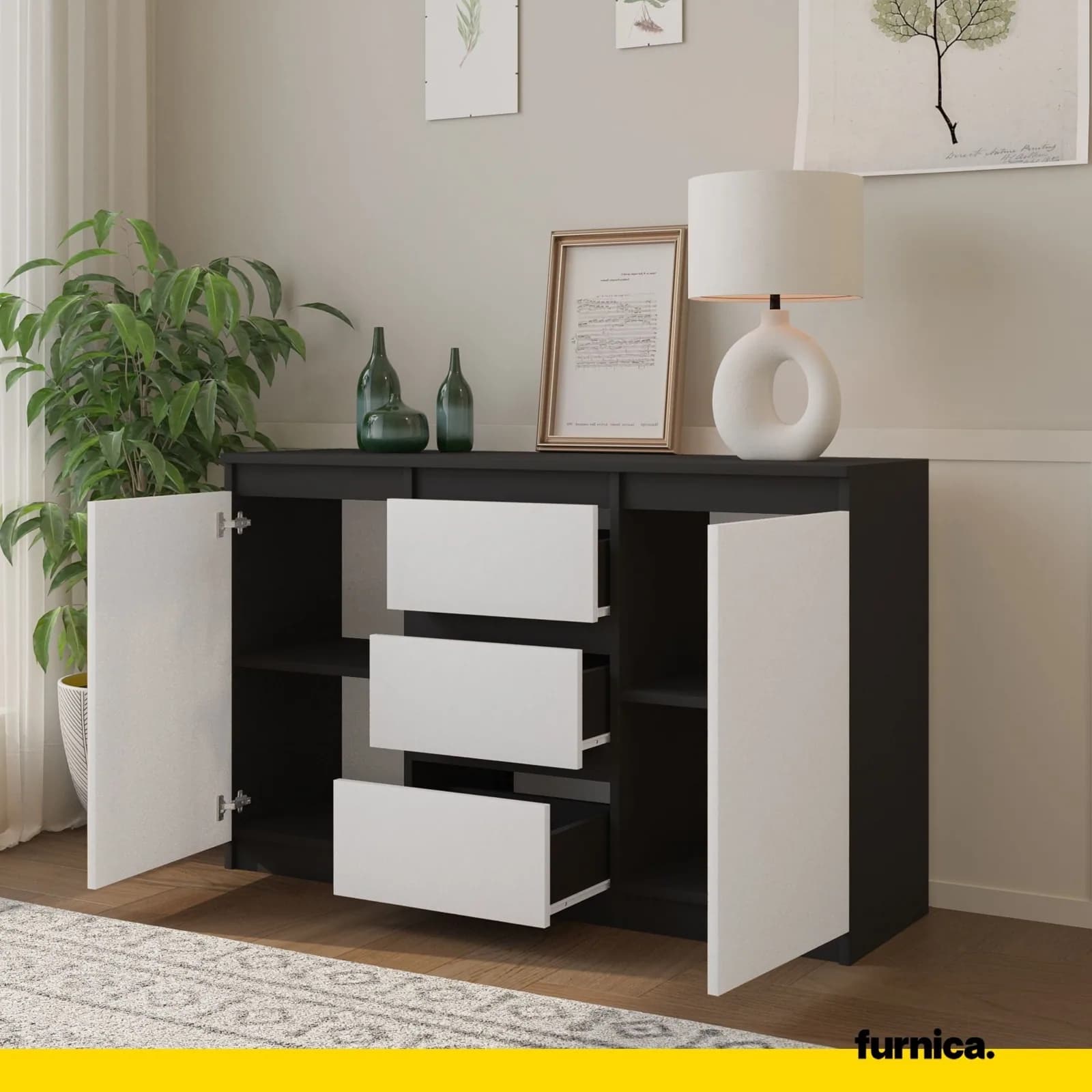 MIKEL Kommode, 3 Schubladen und 2 Türen, 120 cm, Anthrazitgrau/Weiß (5)