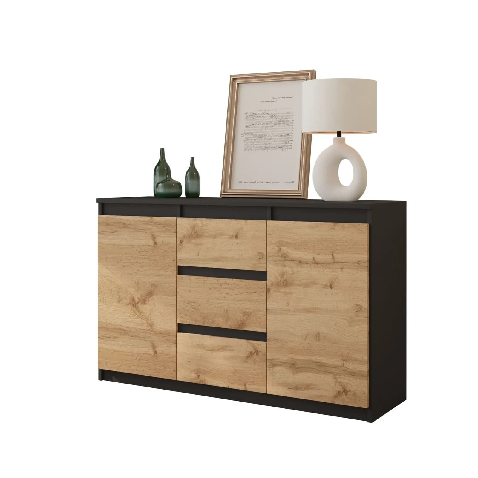 MIKEL dressoir met 3 lades en 2 deuren, 120 cm, antracietgrijs/Wotan eiken