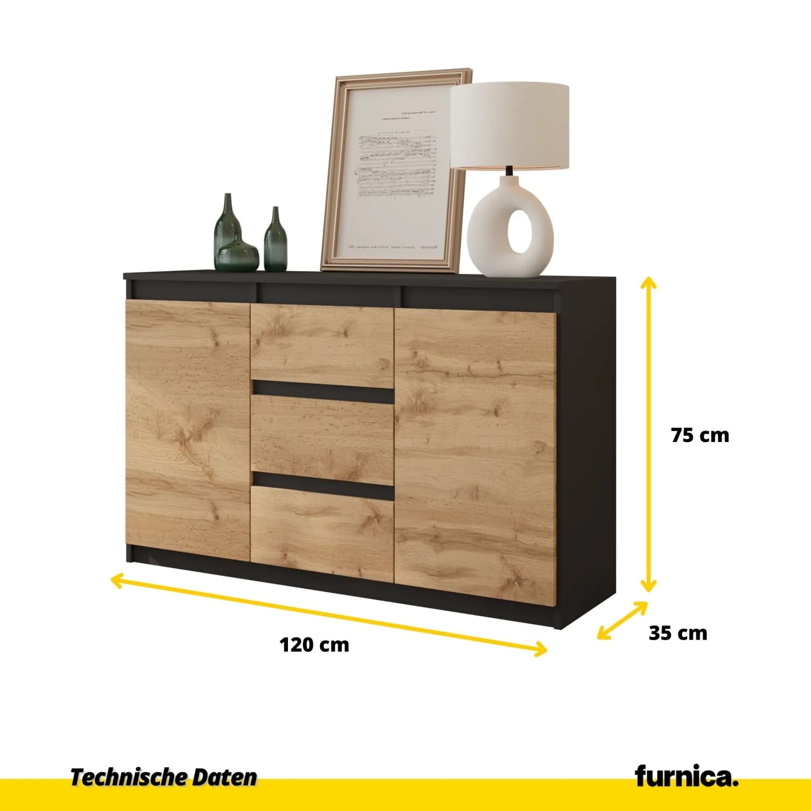 MIKEL dressoir met 3 lades en 2 deuren, 120 cm, antracietgrijs/Wotan eiken (2)