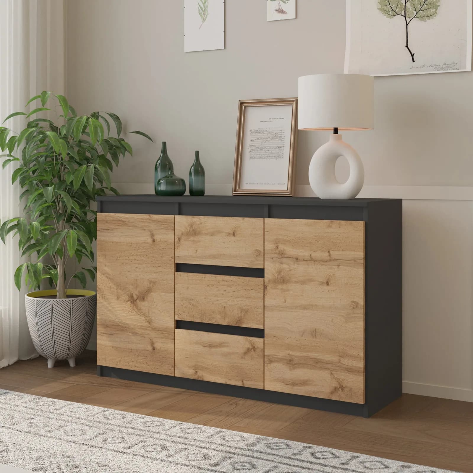 MIKEL dressoir met 3 lades en 2 deuren, 120 cm, antracietgrijs/Wotan eiken (4)