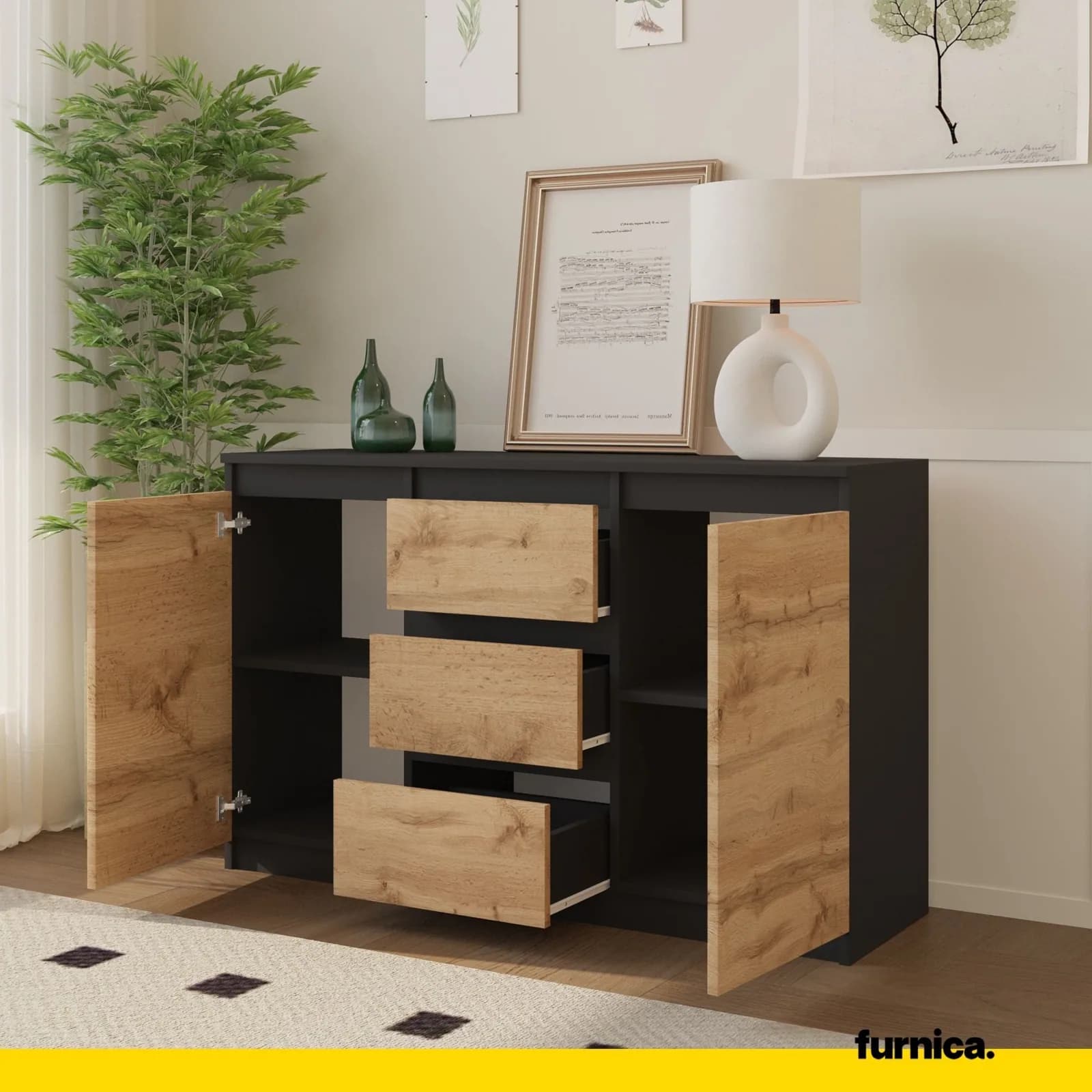 MIKEL dressoir met 3 lades en 2 deuren, 120 cm, antracietgrijs/Wotan eiken (5)